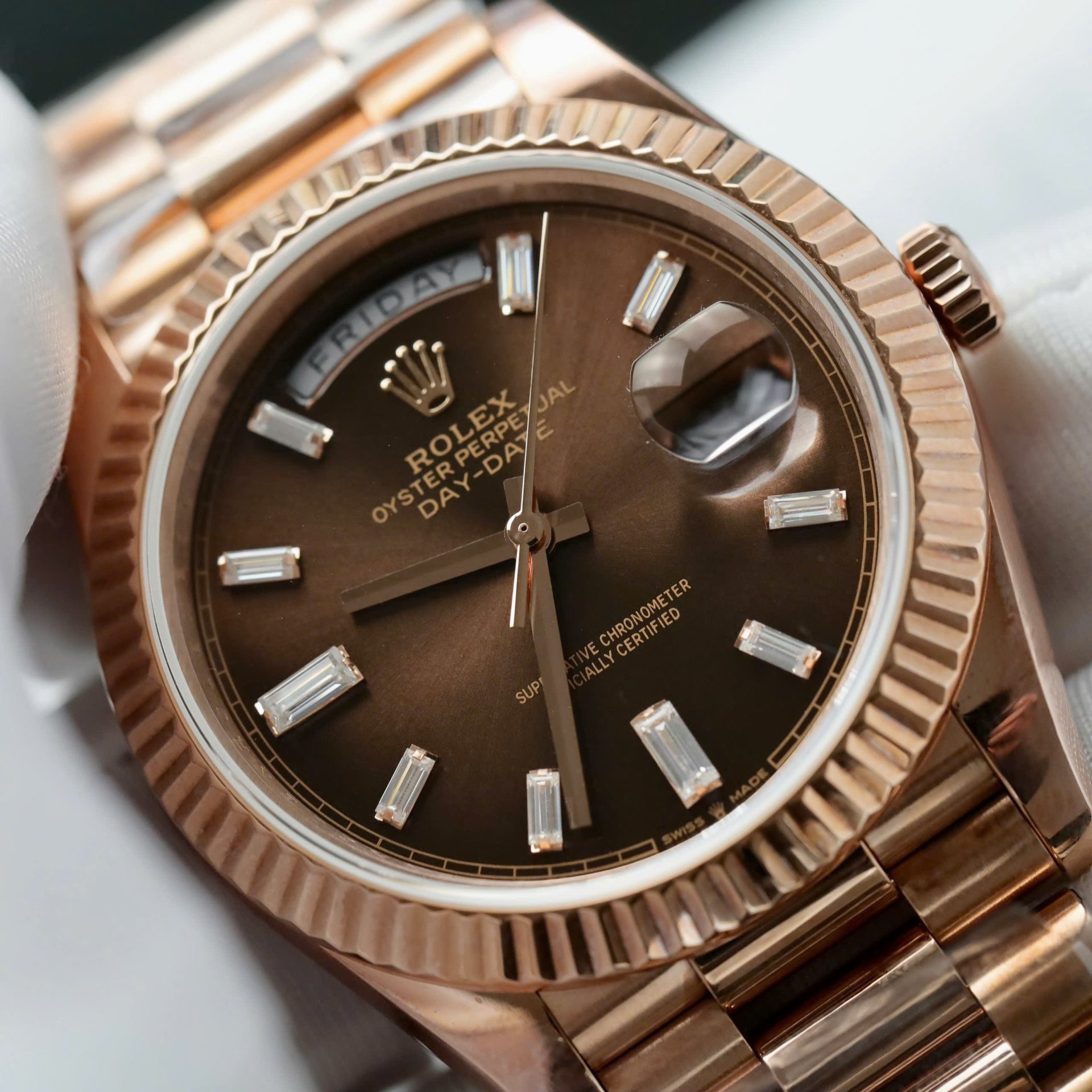 Rolex Day-Date Chocolate Dial Copies Watches Gold Wrapped + Moissanite Dial Markers Custom 40mm - Elite Watch Atelier