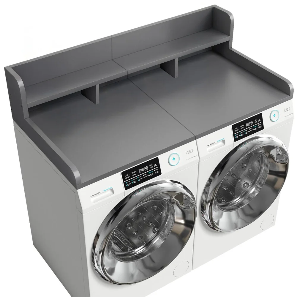 Modern Washer Dryer Countertop with 2-Tier Shelf,Laundry Room Countertop Organization Storage with 2.75" H Guard Edge Rails,Non-Slip Pad,Waterproof and Easy to Clean,54"W x 27.55"D,Natural Wood - Image 34