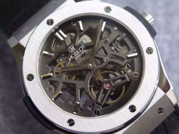 Replica Hublot Classic Fusion Tourbillon 45mm TF Skeleton Dial Black Gummy Strap A23J - Elite Watch Atelier