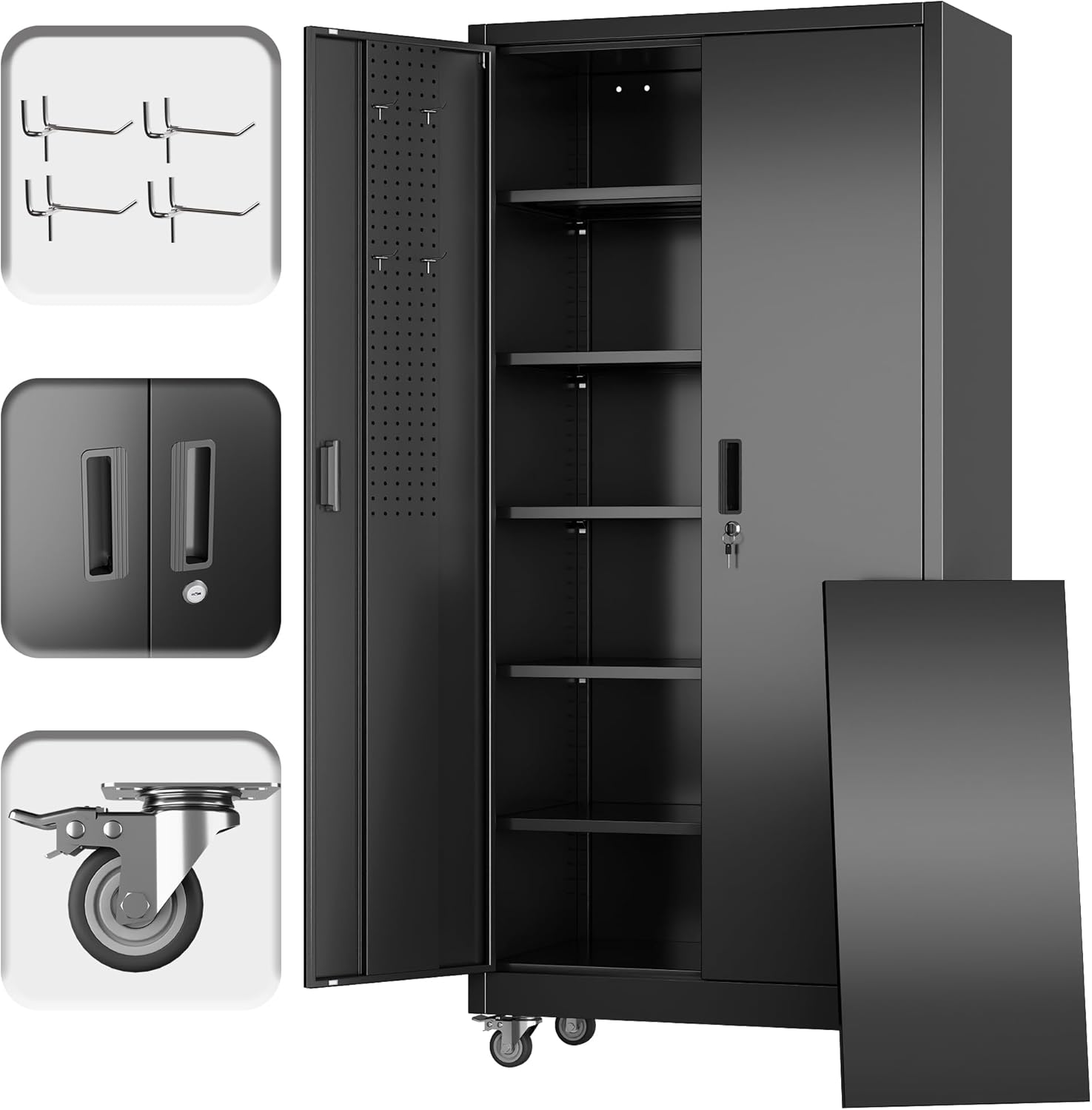 Garage Storage Cabinet with Wheels and Pegboard, Lockable Metal Storage Cabinet with 5 Adjustable Shelves and 4 Hooks for Garage,Warehouse, Assembly Required, Black, 71