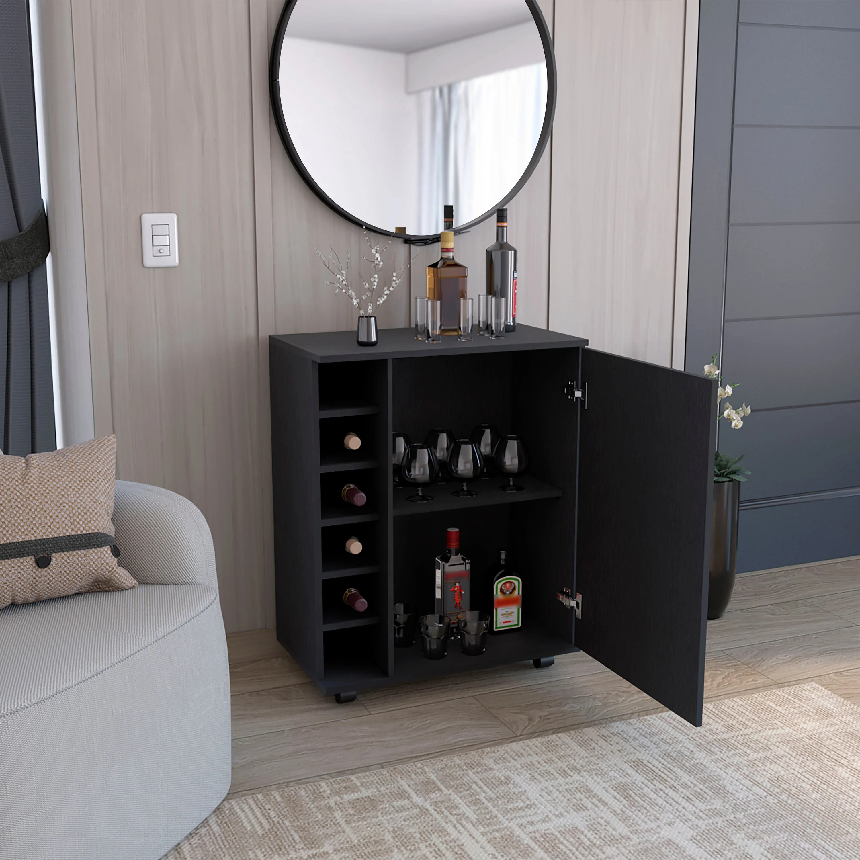 TUHOME Wick Bar Cart with Wine Rack, Glass Storage, Cabinet, and Rollers, Black