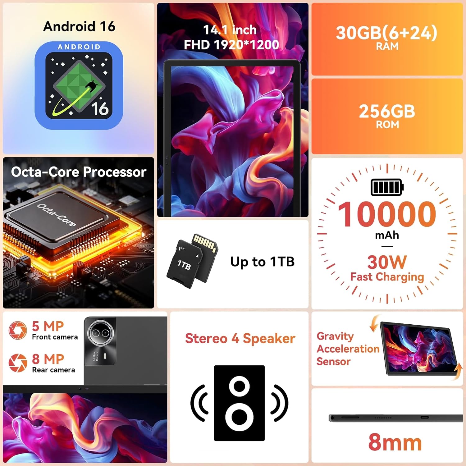 Tablet｜14 inch Android 16 Tablet｜30GB RAM 256GB ROM｜1920 * 1200 IPS FHD｜10000mAh 30W Fast Charging｜Octa-core Processor｜Wi-Fi 6  BT 5.4｜Dual Camera with Keyboard｜Mouse｜Stylus｜Case｜Headphone
