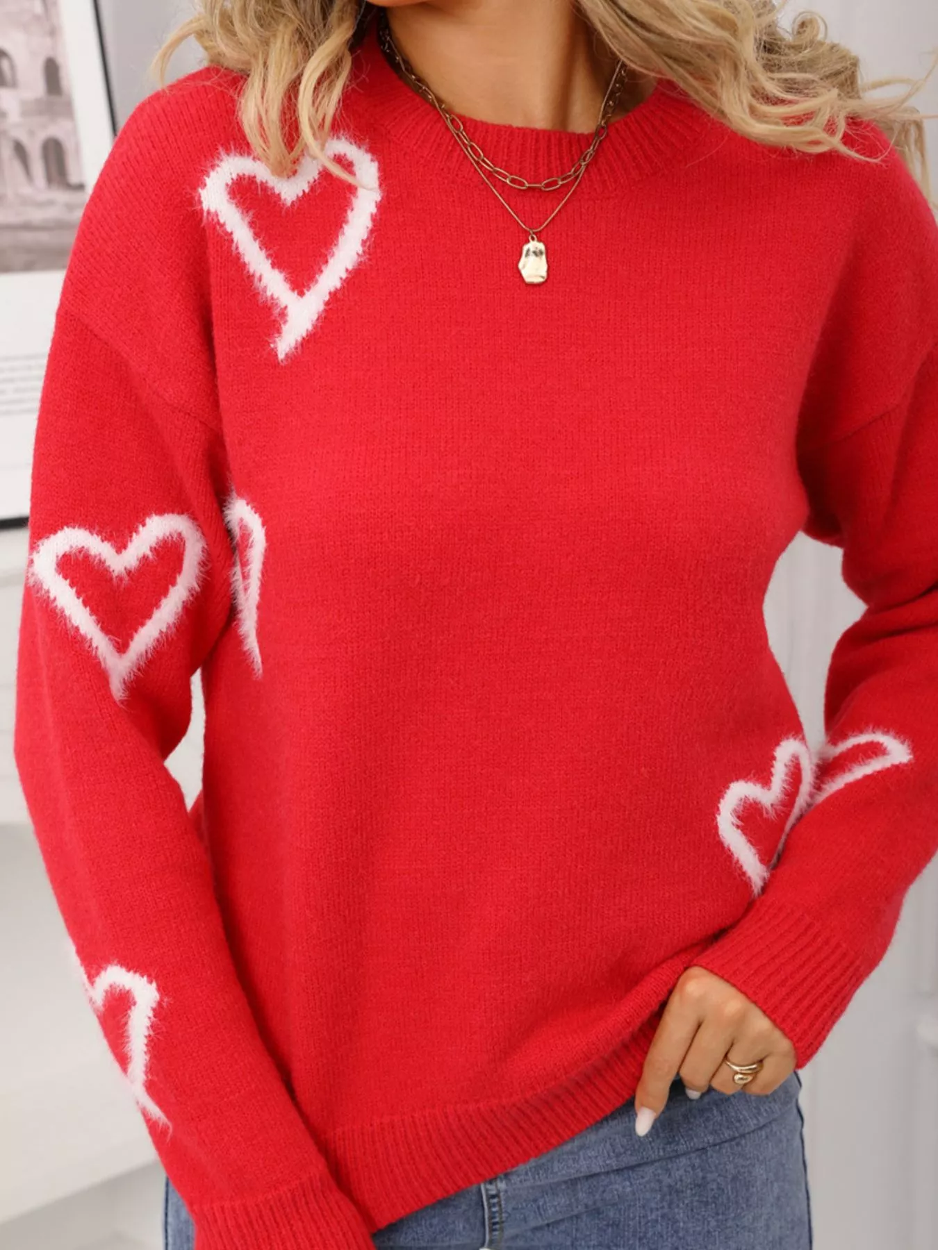 Valentine's Day Heart Print Crew Neck Sweater - ZKZOOK