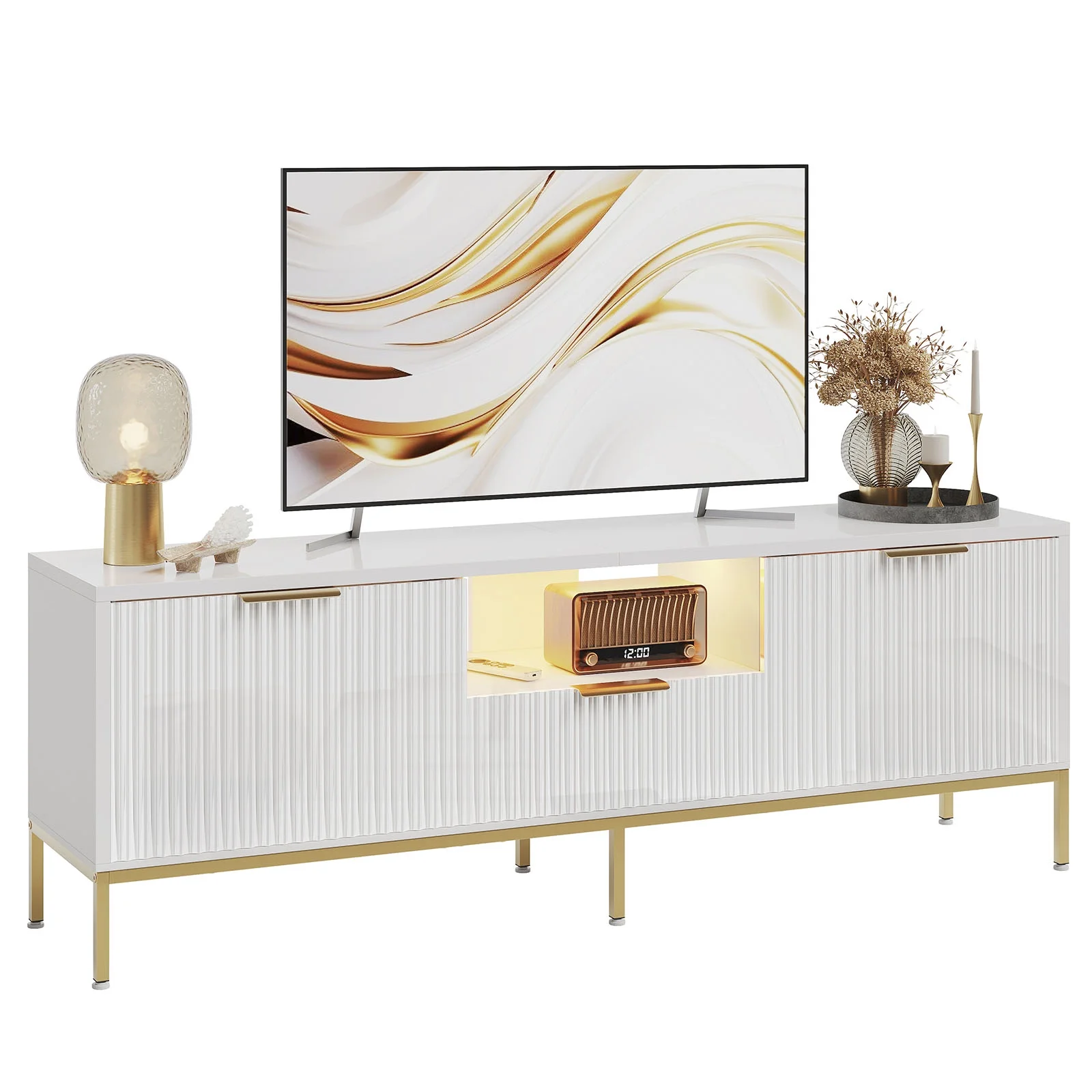 Bestier 55" LED TV Stand for TVs up to 60" Modern High Gloss Entertainment Center with Drawers Cabinets Fluted TV Console, White & Gold - Image 11