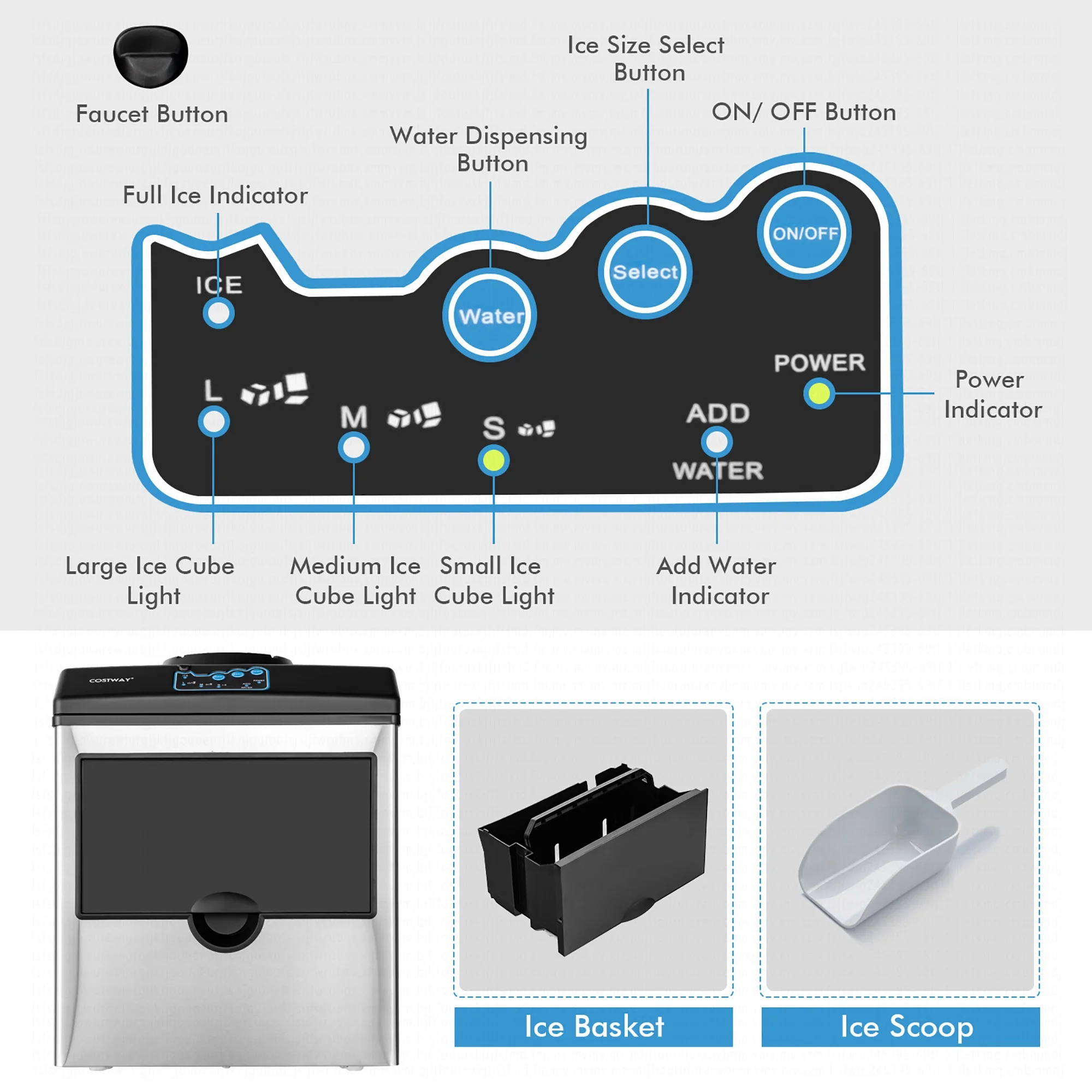 Costway 2-in-1 Stainless Steel Countertop Ice Maker Water Dispenser 48Lbs/24H w/ Scoop - Image 9