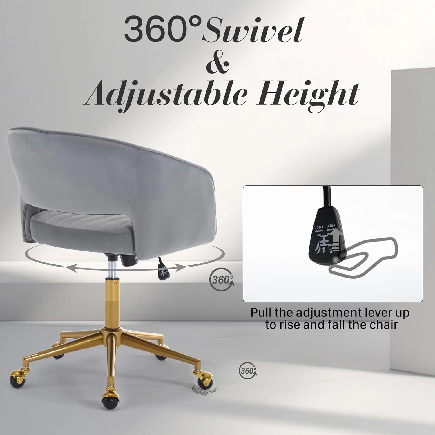 Home Office Swivel Desk Chair, Modern Velvet Vanity Chair, Height Adjustable Armchair with Gold Base, Ergonomic Office Chair for Task Study Computer Room, Beige - Image 20