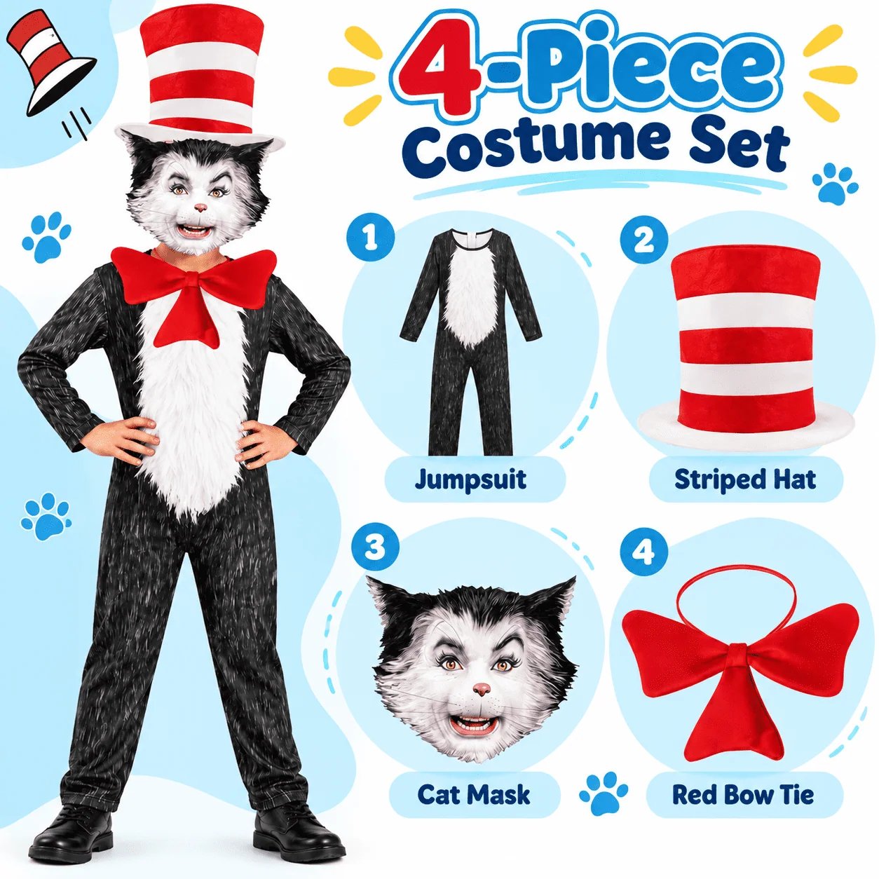 4-Piece Cat Halloween Cosplay Costume for Kids, Scary Cat Jumpsuit Set with Mask, Striped Hat & Bow Tie for Boys & Girls, Ages 11-12 - Image 10 4-Piece Cat Halloween Cosplay Costume for Kids, Scary Cat Jumpsuit Set with Mask, Striped Hat & Bow Tie for Boys & Girls, Ages 11-12 - Image 10