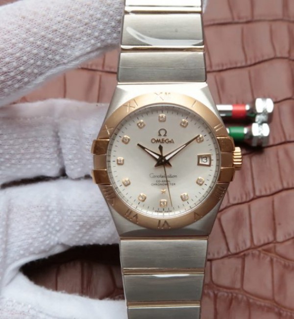 Replica Omega V6 Constellation 35mm White Dial YG Bezel Diamonds Markers SS Bracelet A2500 - Top club