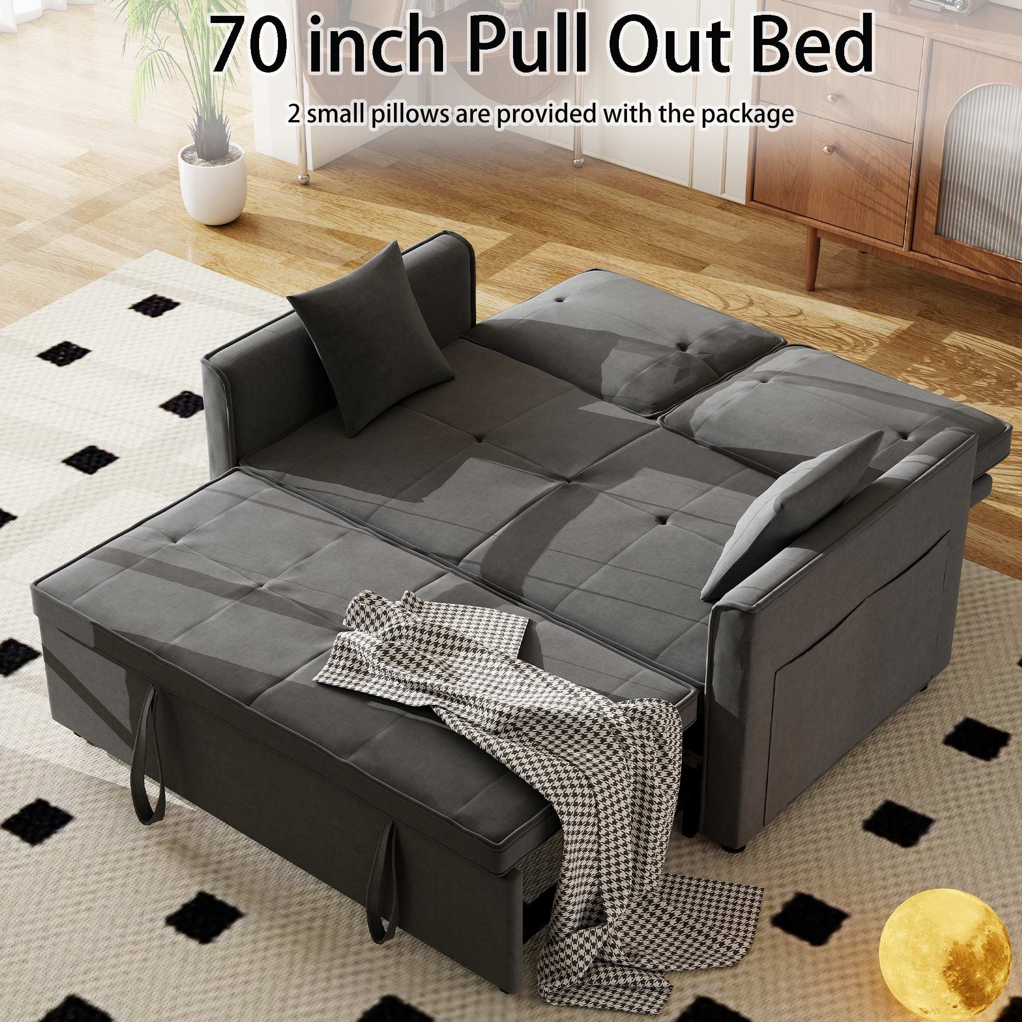 Convertible Sofa Bed,3-in-1 Sleeper Sofa with Pull Out Bed,Velvet Highly Elastic Sponge Futon Couch Loveseat with Adjustable Backrest and 2 Pillows for Living Room,Gray - Image 8