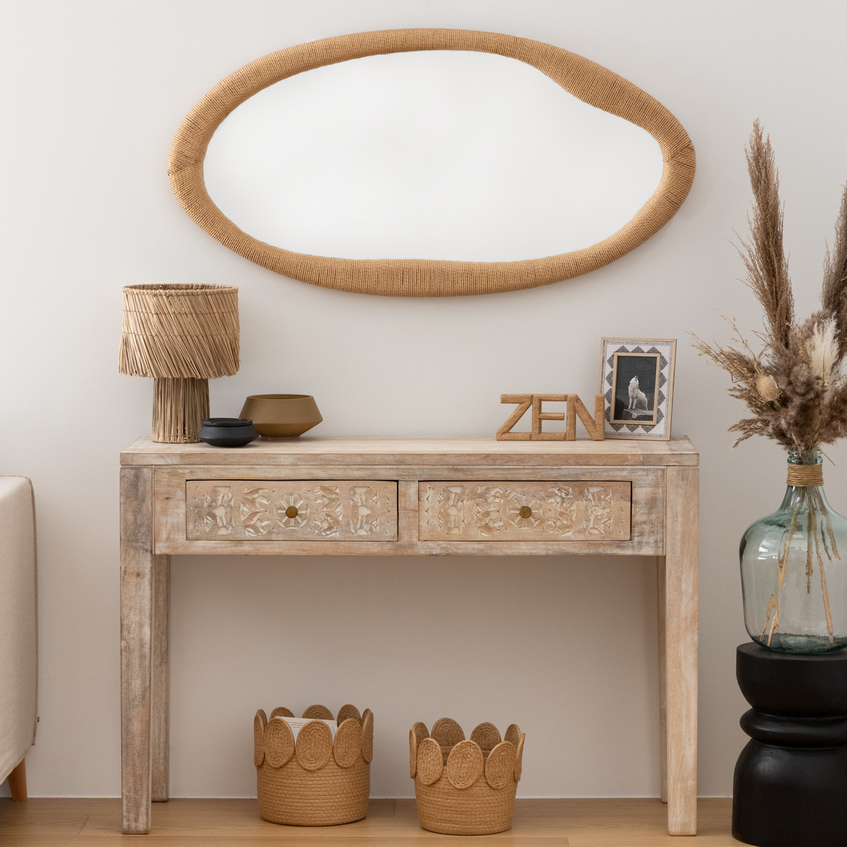 Organic rope mirror "Laia" Beige, H.114 cm