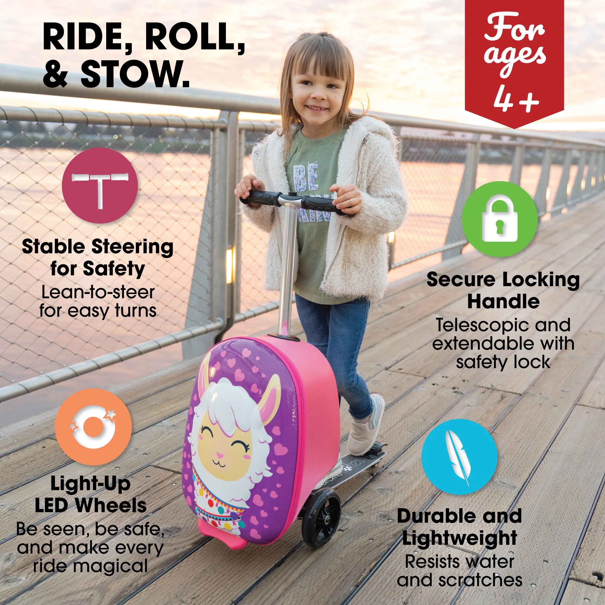 Kiddietotes Kid's Hard Shell Scooter Ride On Suitcase, Pink - Image 55