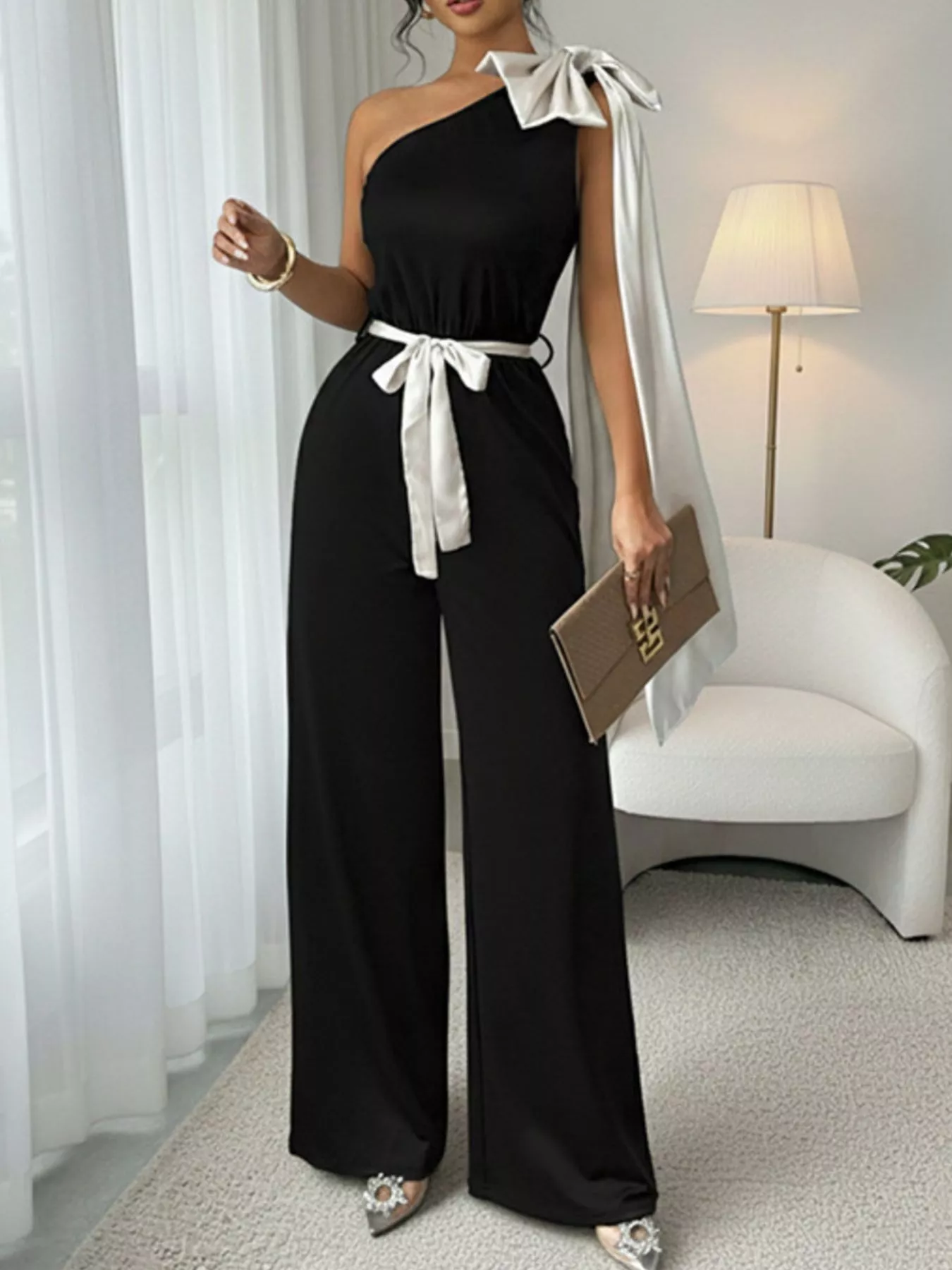 One-Shoulder Bowknot Wide Leg Jumpsuit - ZKZOOK