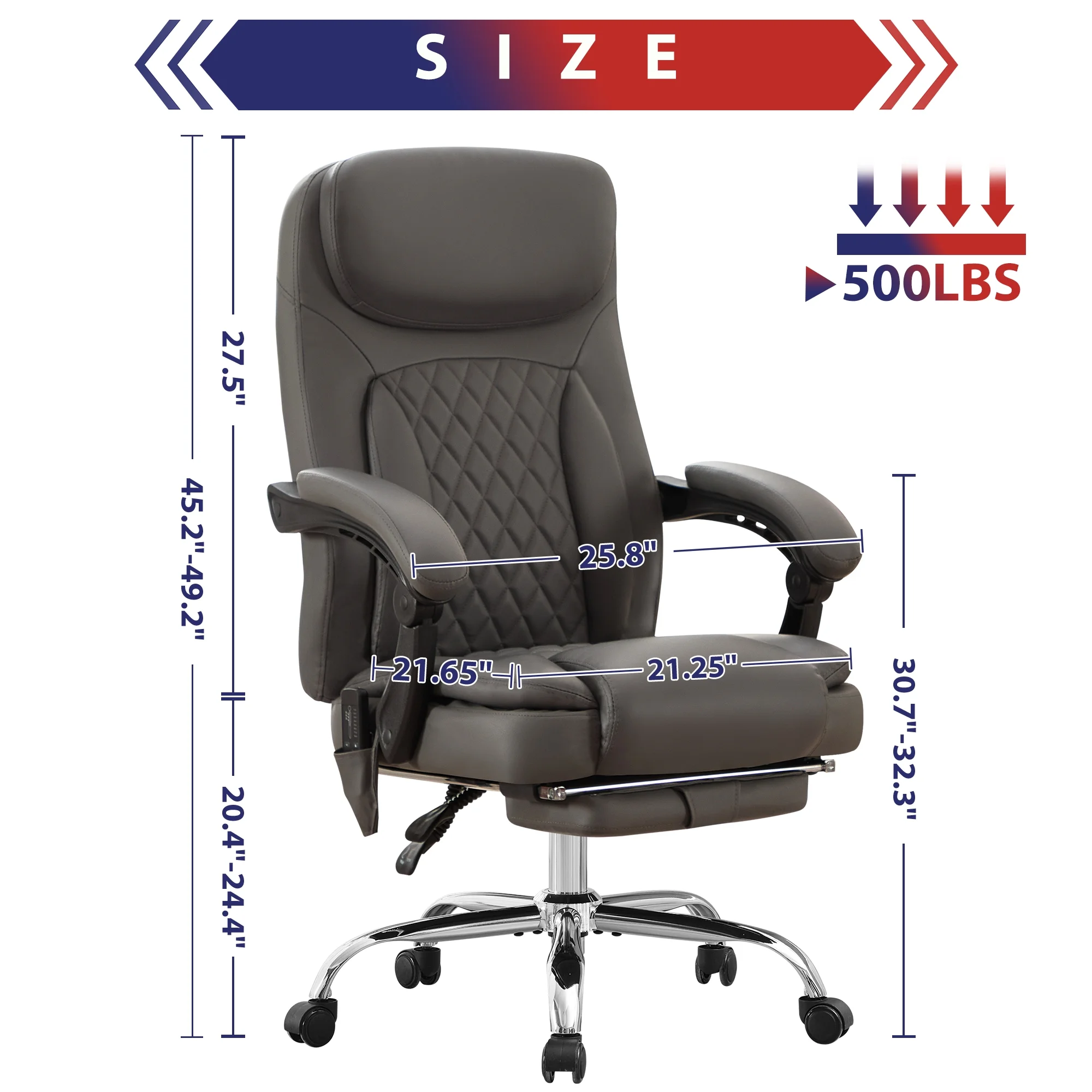 JONPONY Big and Tall Office Chair 500LBS Executive Office Chair Massage and Footrest Ergonomic Computer Desk Chair Reclining High Back Leather Office Chair Lumbar Back Support Swivel Rolling,Black - Image 44