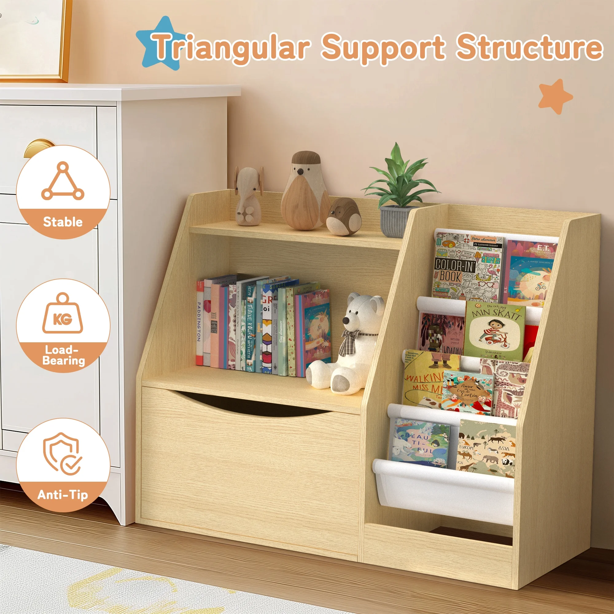 Masiis 3 Tier Bookshelf,Bookcase Youngster Bookshelves Natural Toy Storage Organizer with 4 Layer Sling Bookcase for Playroom Room, Flip-Top Drawers