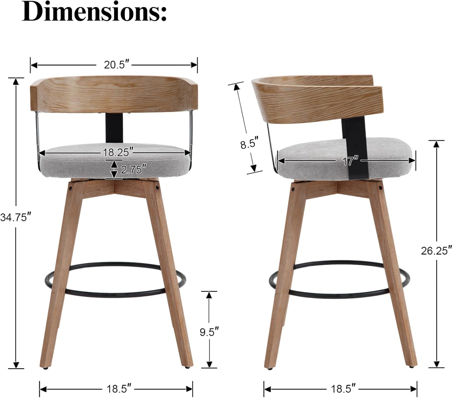 LukeAlon Linen Upholstered Counter Stools Set of 2, 360° Swivel Wooden Kitchen Stools with Wood Full Back Mid Century 26.25