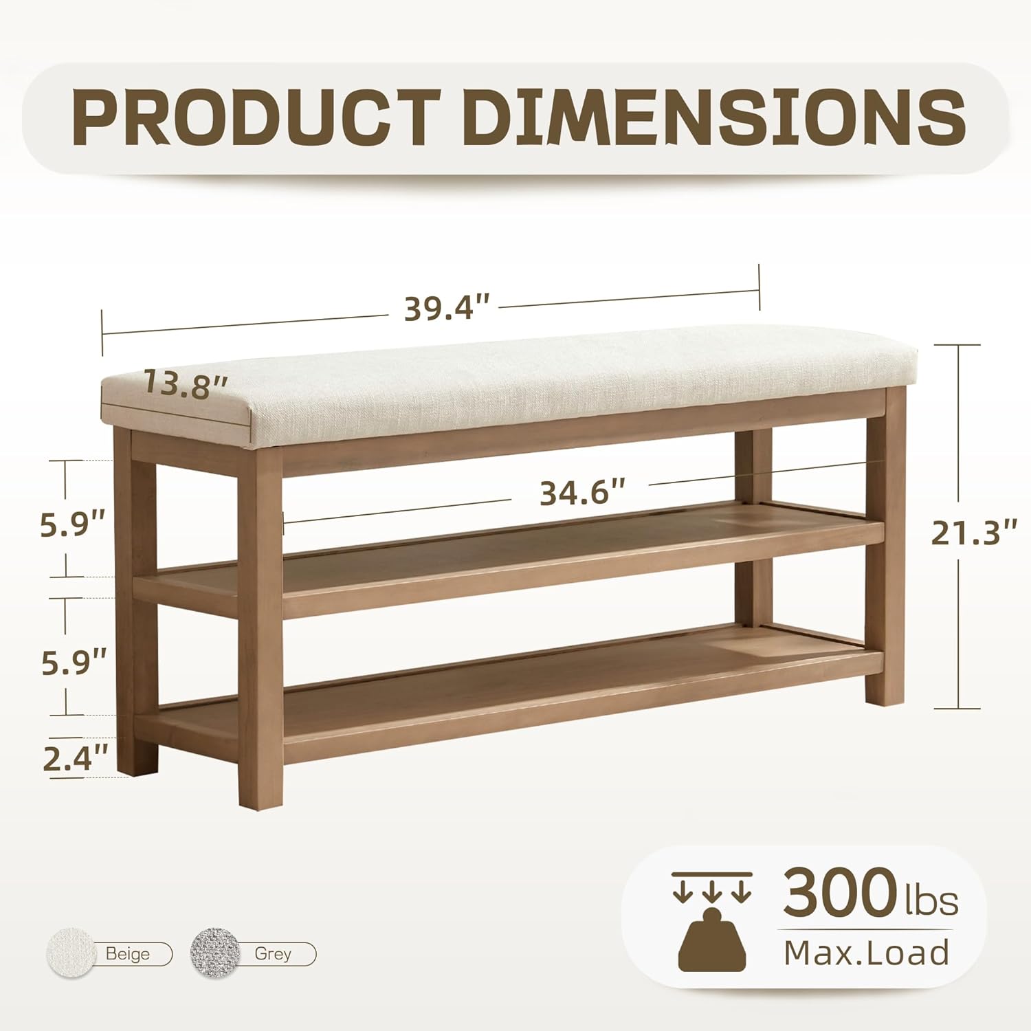 2 Tier Shoe Rack Bench with Cushion, Solid Wood Shoe Benches, Mid-Century Modern Shoe Storage Bench for Entryway, Hallway, Living Room, Closet, Front Door Entrance, (Beige, 39.4
