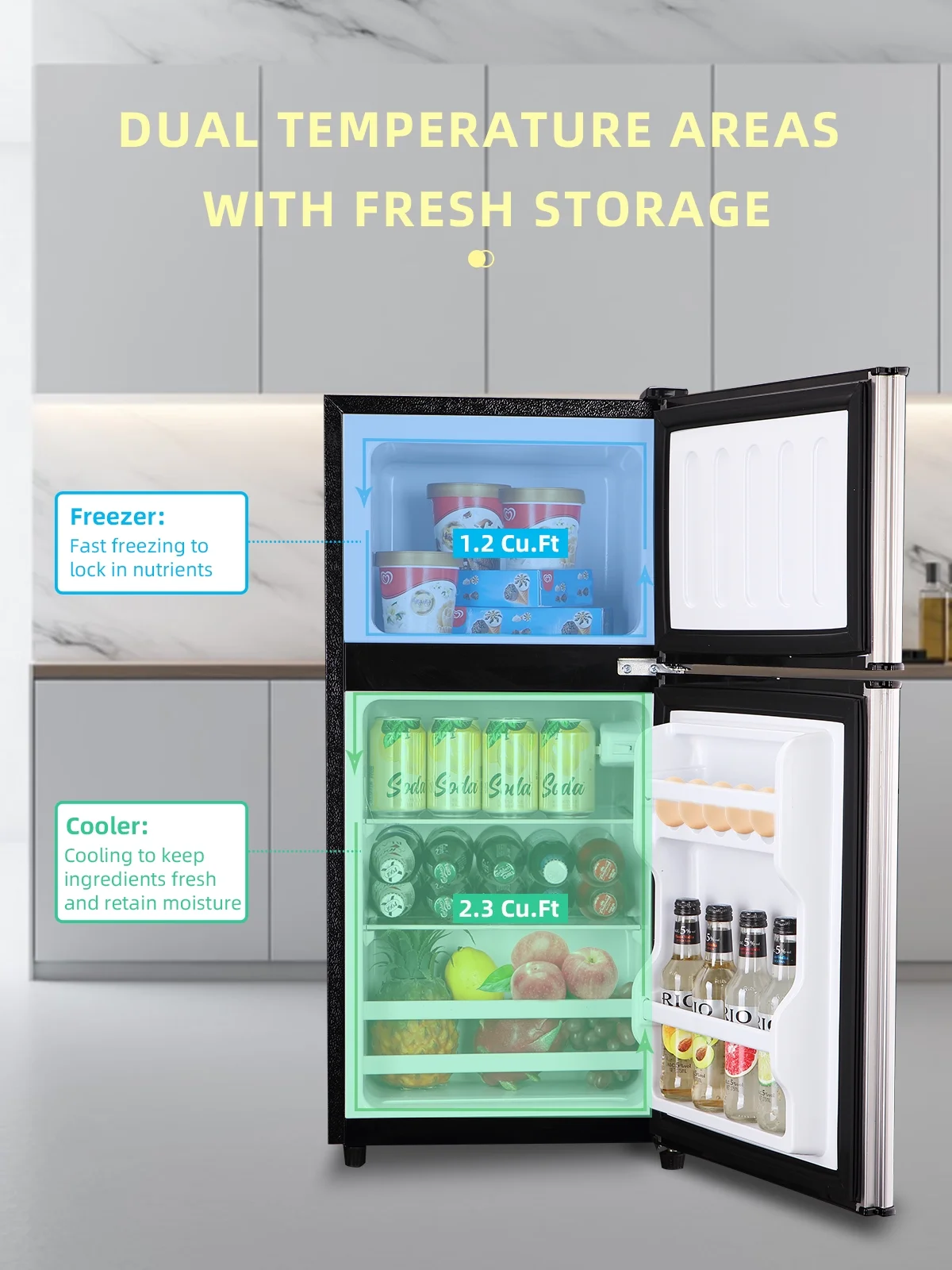 Krib B Compact Refrigerator 3.5 Cu.ft, Mini Fridge with Freezer, Modern Fridge with Dual Door, 7 Grade Temperature Adjustment, Silver - Image 4