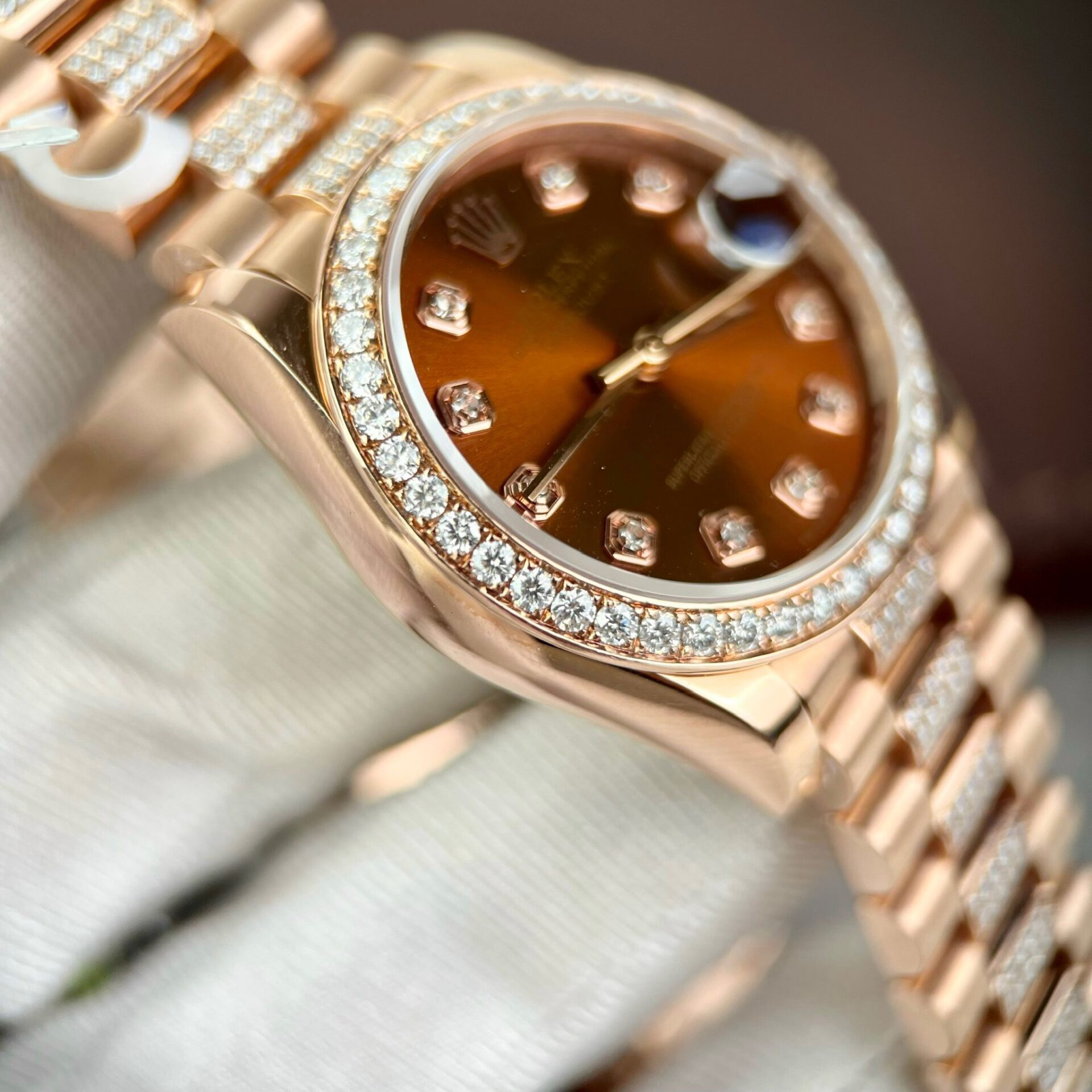 Rolex DateJust Gold Wrapped Moissanite Replica Watch With Chocolate Dial 31mm - Top club