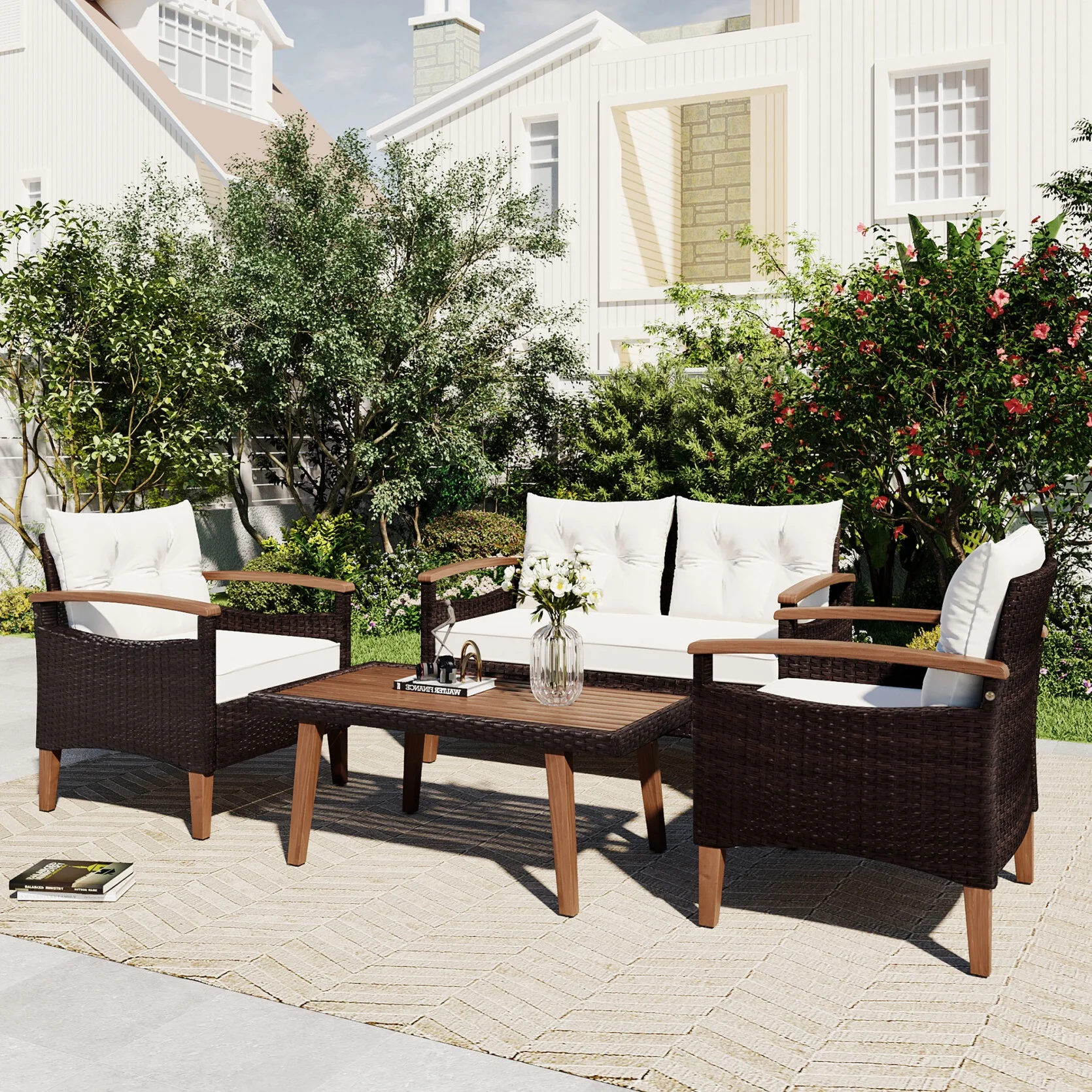 4 Piece Garden Furniture Set, Patio Seating Set with Wood Table, PE Rattan Sofa and 2 Chairs, Outdoor Conversation Set with Table Cover, Pillows and Adjustable Feet, Brown+Beige - Image 2