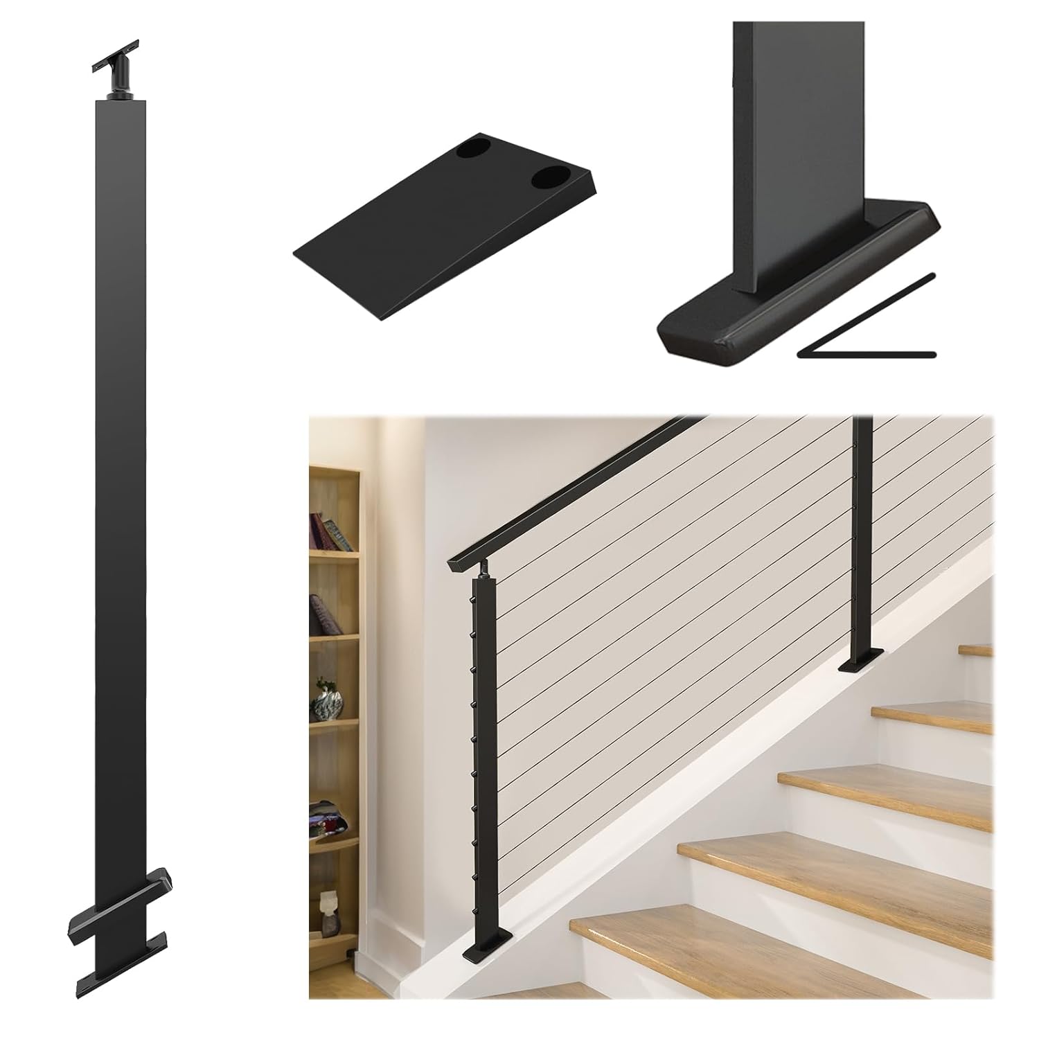 Muzata Black Slope Cable Railing Post 36 Inch for 25-40 Degrees Slope 36