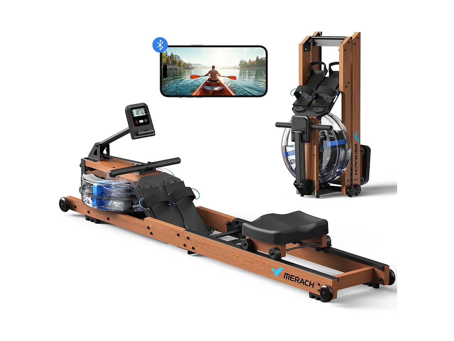 Rameur À Eau Pliable Merach, 6 Niveaux De Résistance, Bois Massif, Compatible Kinomap & Zwift, Entraînement Connecté À Domicile