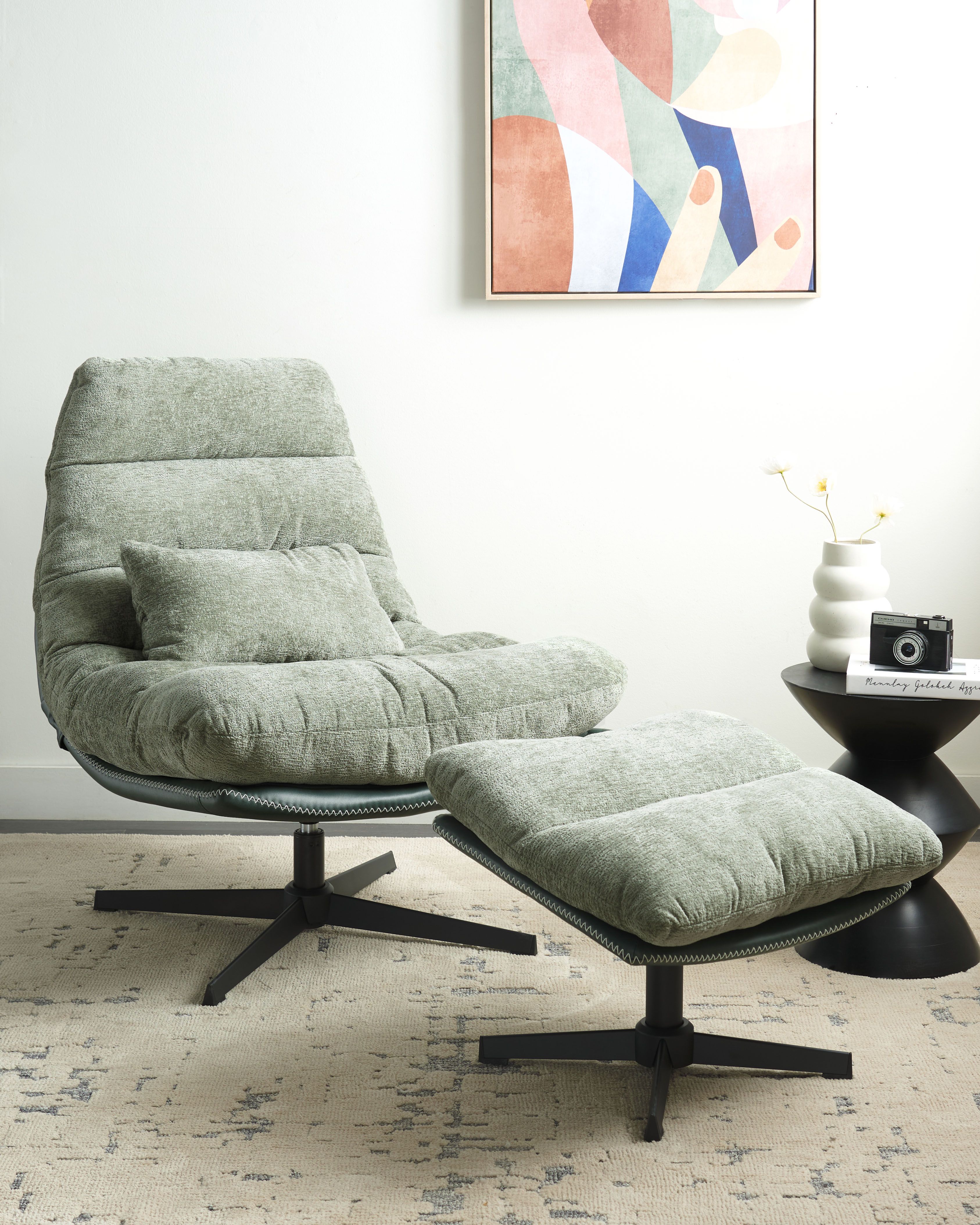 Swivel Armchair TOVIK with Footstool Chenille Light Green