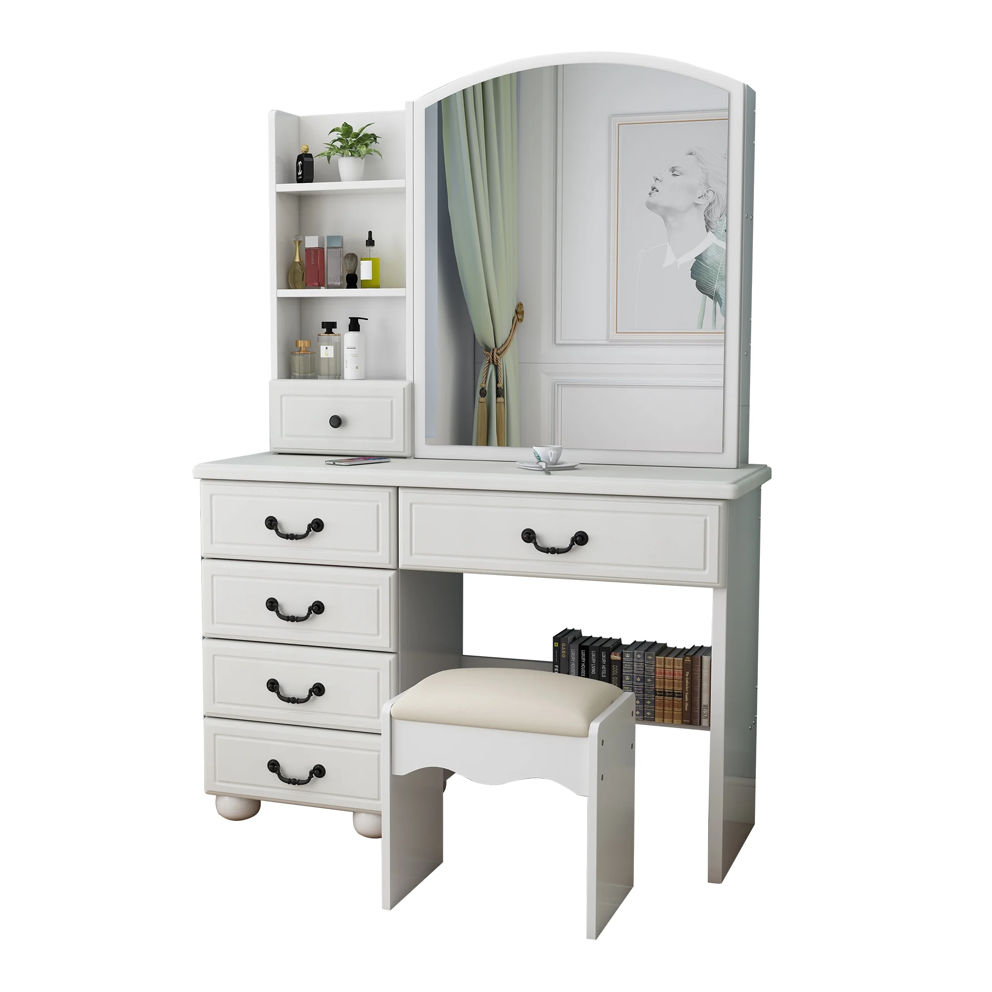 Montary Modern Mini Vanity w/Adjustable LED Mirror + Hidden Storage, Padded Stool & Dustproof Shelves (White) - Image 146