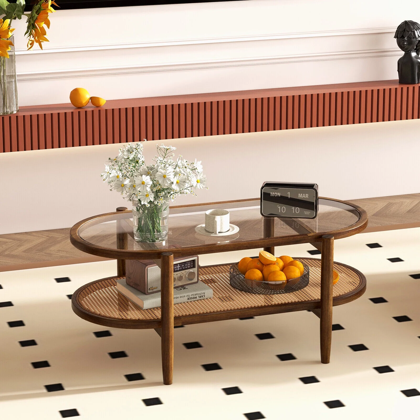Amijoy 2-layer coffee table, tempered glass top grade coffee table, with PE rattan storage rack and acacia wood frame, center table in living room, reception room, and office, brown