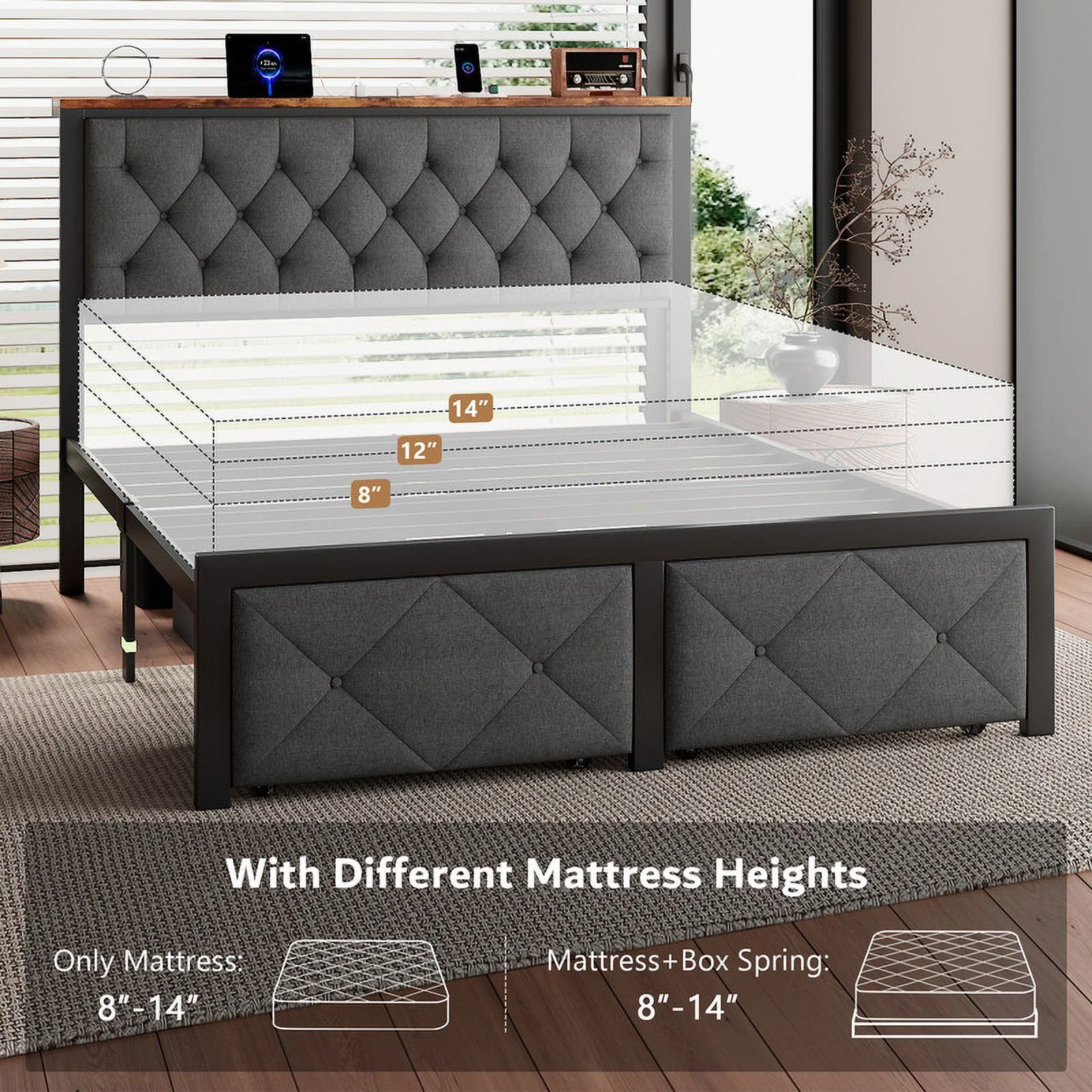 iPormis Full Bed Frame with 2 Drawers, Metal Platform Bed with Charging Station and Linen Fabric Storage Headboard Strong Metal Slats Black,Gray - Image 8