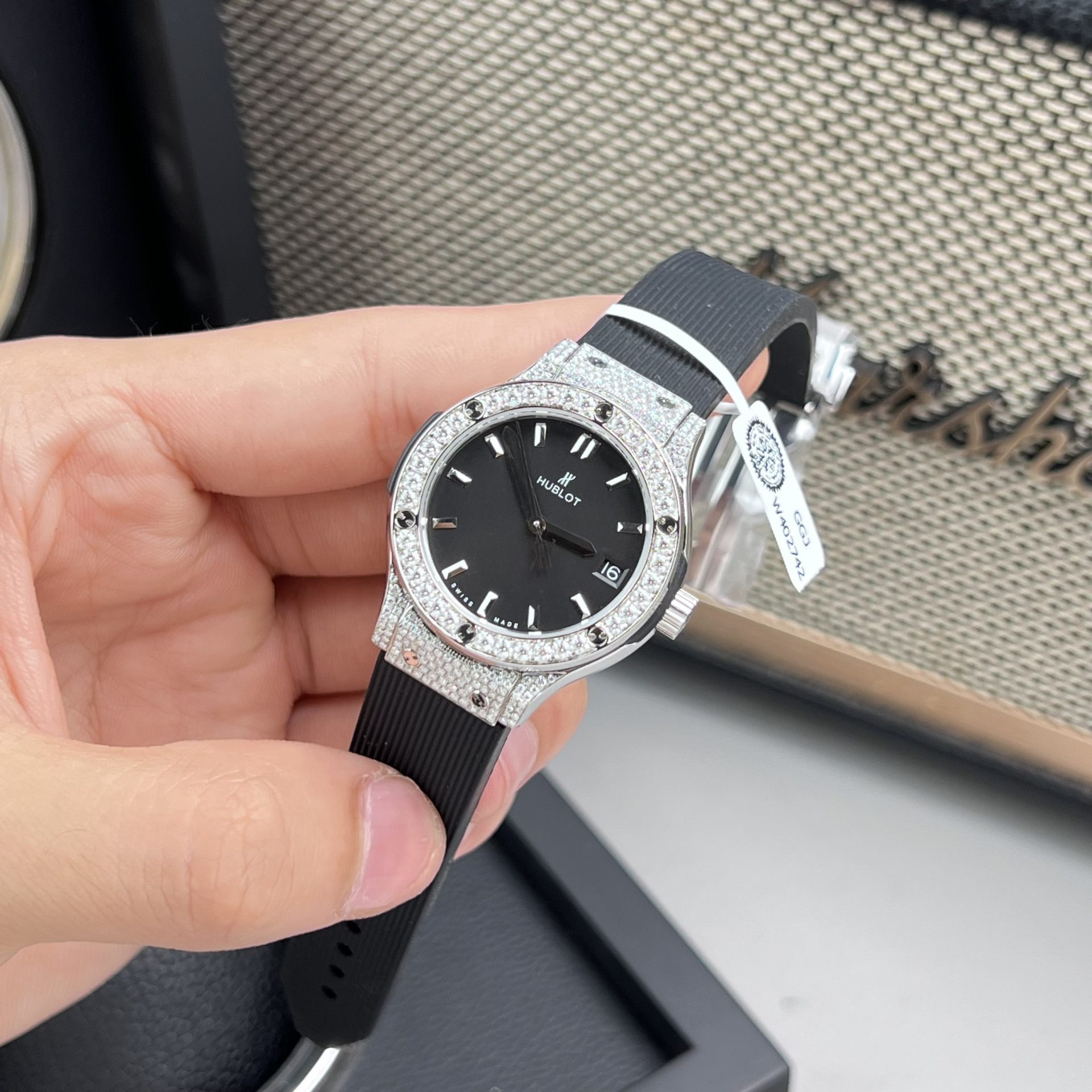 Hublot Classic Fusion Replica Watch Black Dial Custom Moissanite Diamonds 33mm - Top club