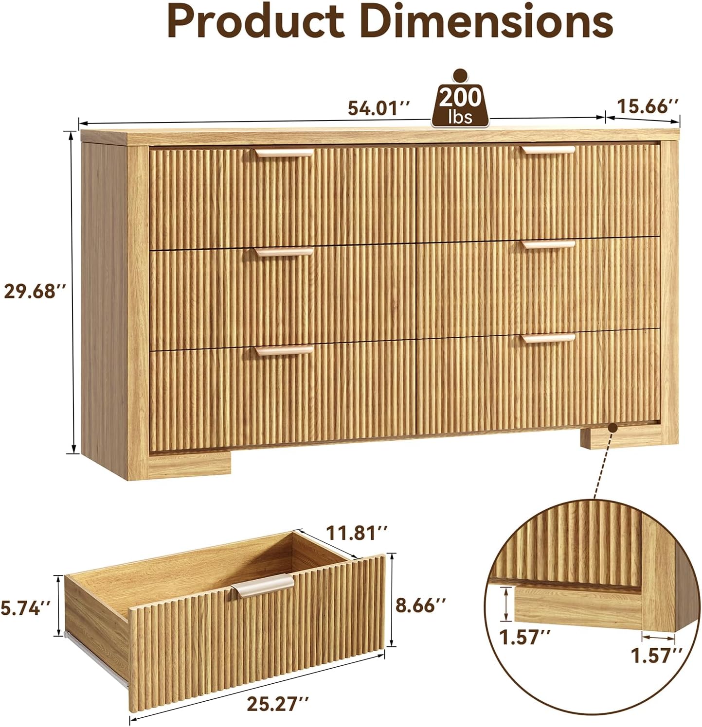 Fluted 6 Drawers Dresser for Bedroom, 54