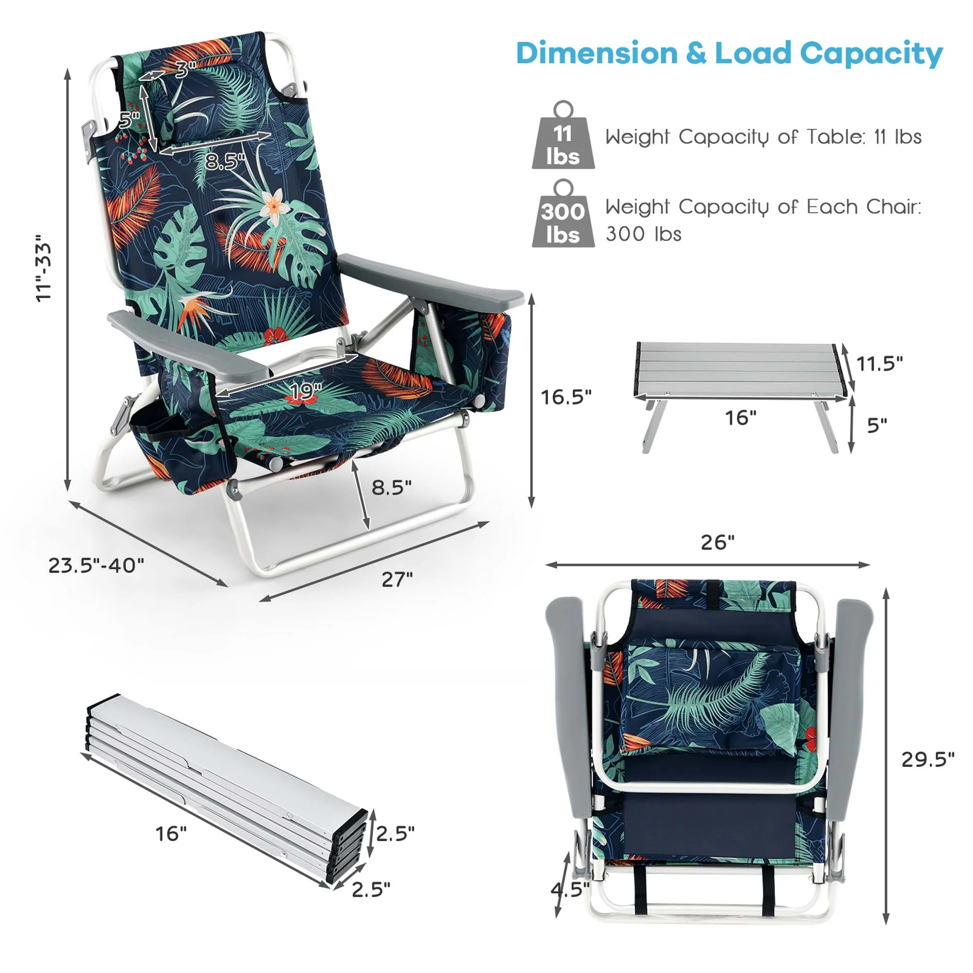 Costway 2-Pack Folding Backpack Beach Chair Table Set 5-Position Outdoor Reclining Chair Pink - Image 38