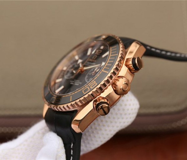 Replica Omega OMF Planet Ocean Master Chronometer RG Black Polished Bezel Black Dial Leather A9901 - Top club