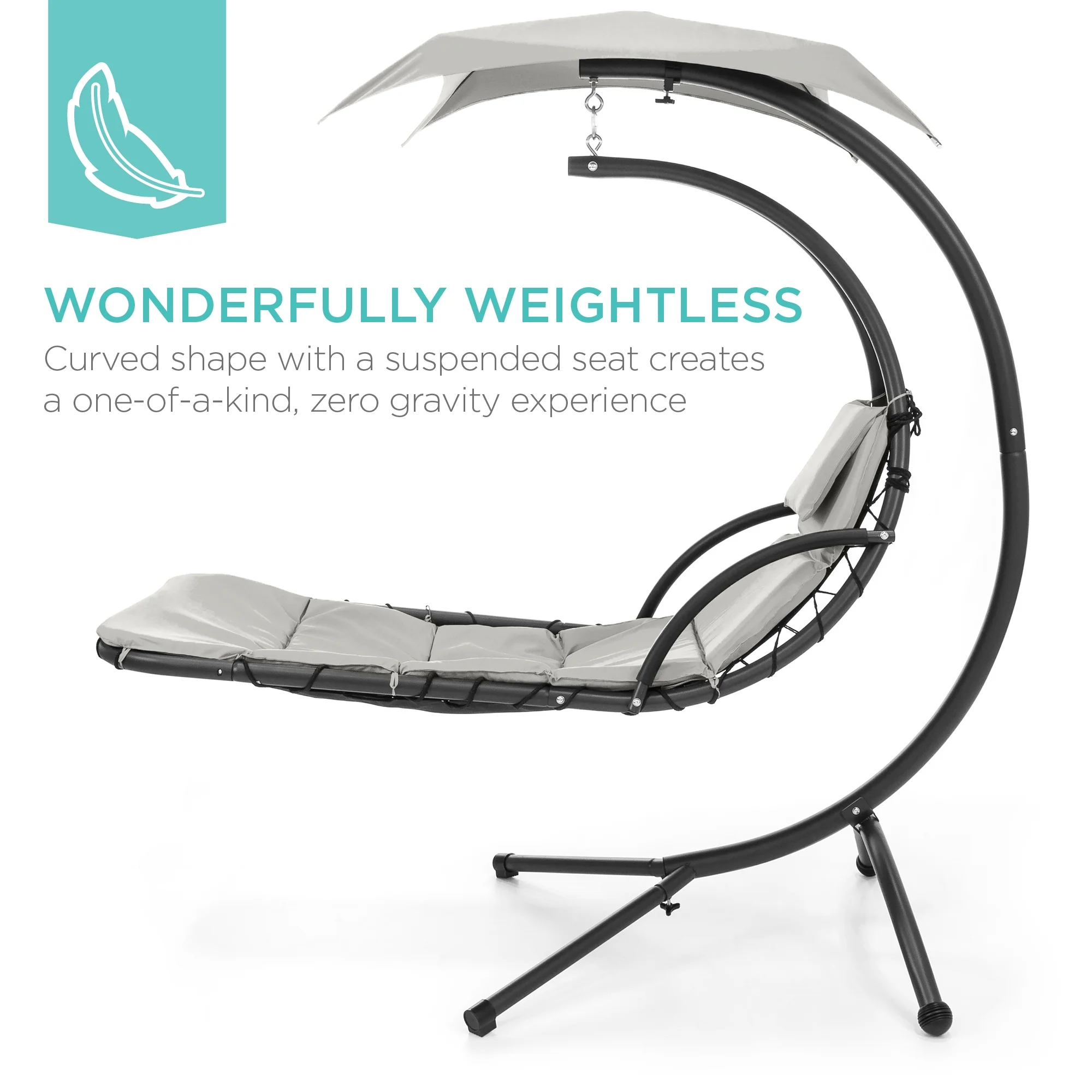 Best Choice Products Hanging Curved Chaise Lounge Chair Swing for Backyard, Patio w/ Pillow, Shade, Stand - Teal - Image 136