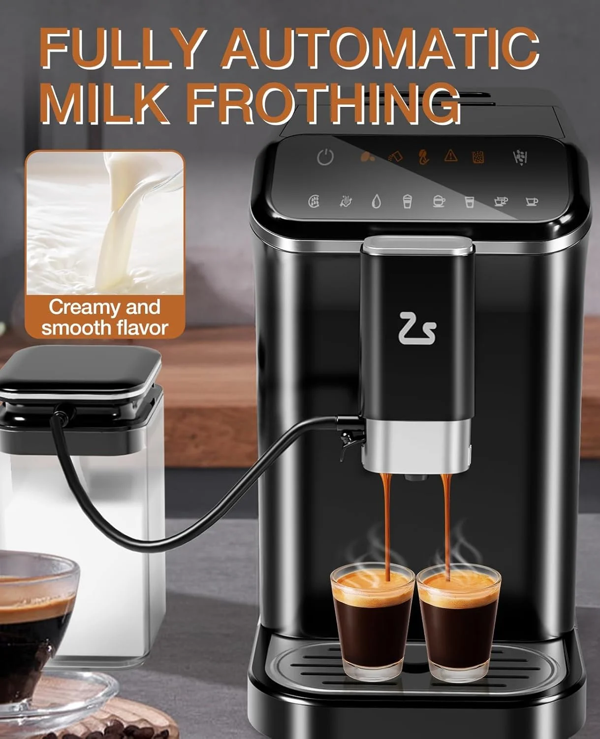 WALYWIK Fully Automatic Espresso Machine with Built-In Adjustable Grinder, Milk Frother, 20-Bar Pump, 1.5L Water Tank, Touch Panel Control for Espresso, Latte & Cappuccino �?Black