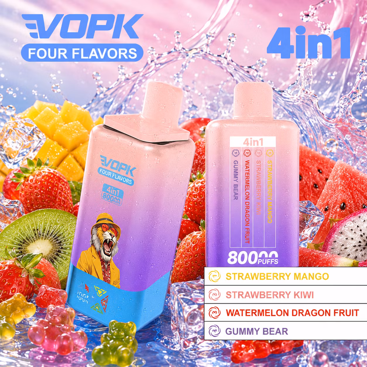 VOPK 80 000 puffów 4in1 – Strawberry Watermelon, Strawberry Kiwi, Watermelon Dragon Fruit, Gummy Bear