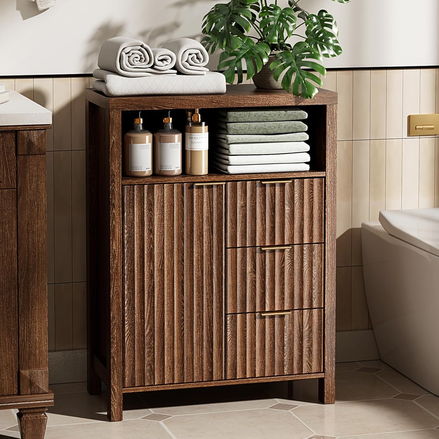 VINGLI Bathroom Floor Storage Cabinet with 3 Drawers, Modern 32