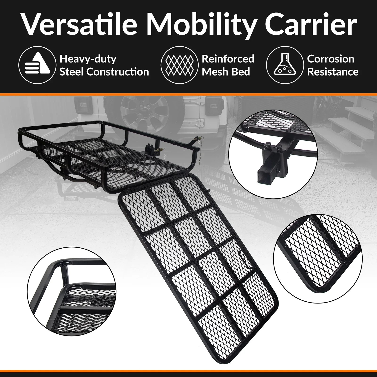 HECASA Hitch-Mounted Cargo Carrier with Mobility Ramp for Disability Medical Rack Wheelchair Scooter Lawn Mower Snow Blower Hauler 500lb Capacity Basket-Style