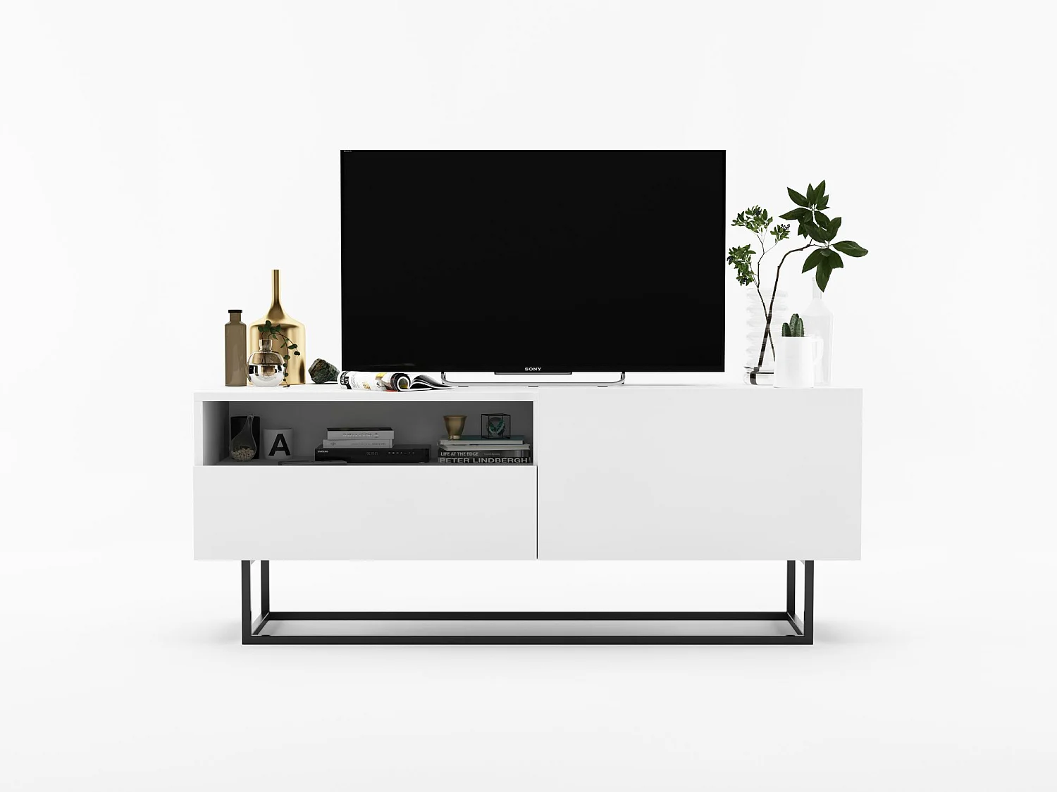 Meuble TV avec 1 portes et niche, tiroir - corps Blanc mat, façades Blanc mat - 120 cm, Cadre en métal noir