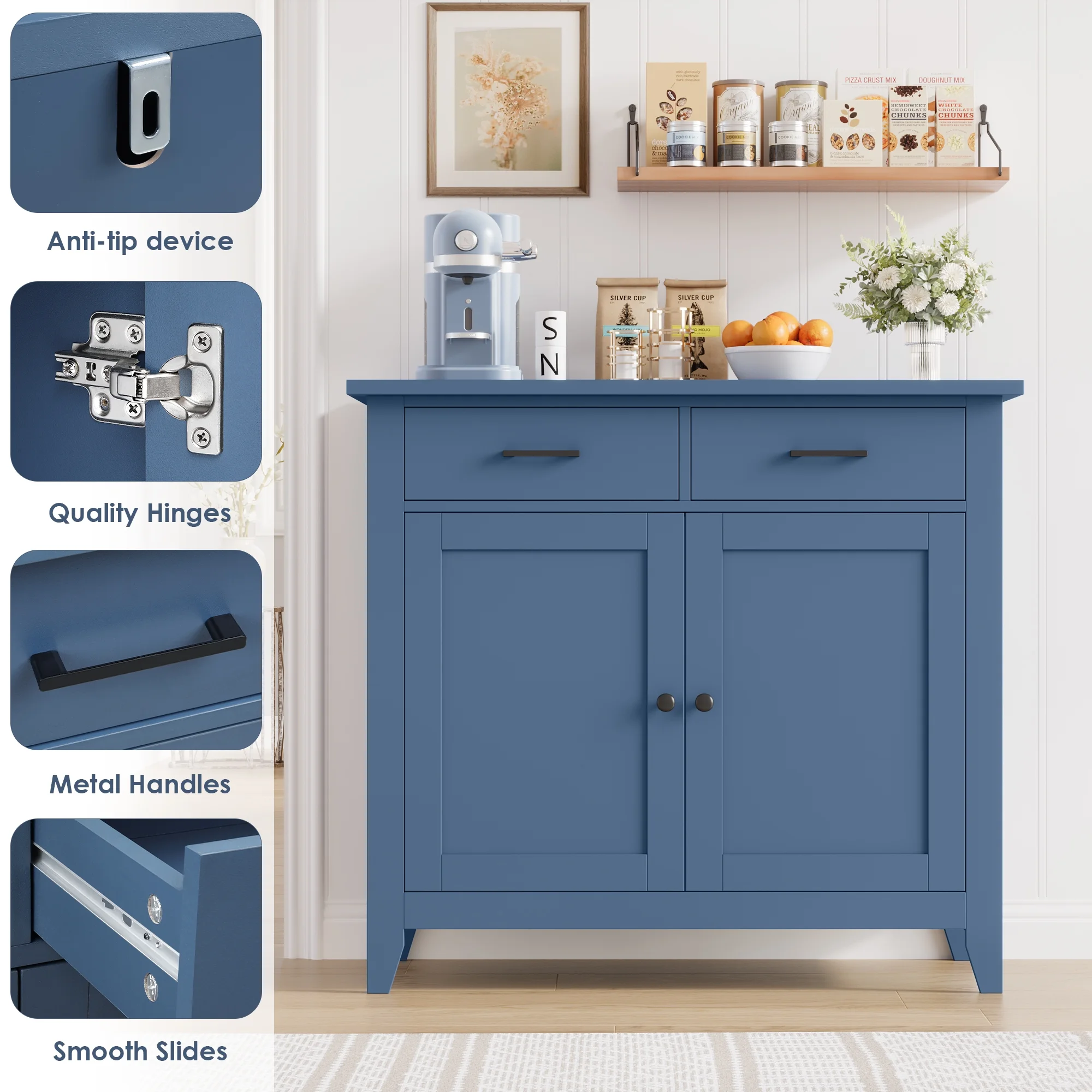 Homfa Entryway Cabinet, Kitchen Storage Cabinet, Farmhouse Buffet Sideboard with 2 Drawers and 2 Doors,Coffee Bar with Storage for Dining Room Living Room,White - Image 42