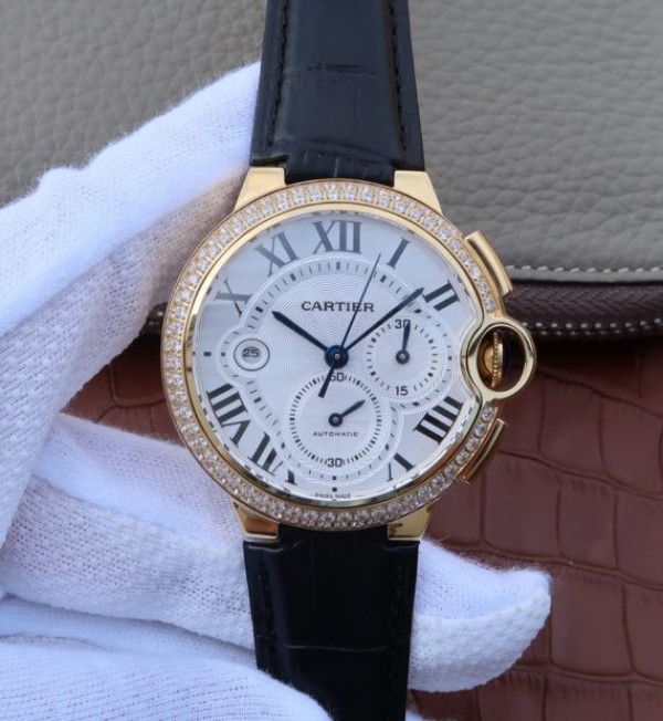 Replica Cartier Ballon Bleu De Cartier Chrono YG White Dial Diamonds Bezel A8101 - Top club