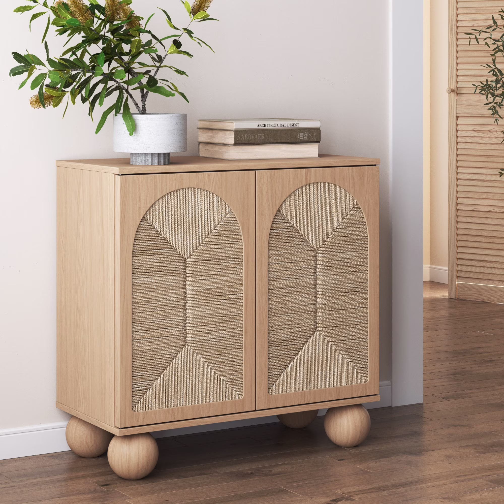Nathan James Leah Boho Entryway Storage Cabinet or Sideboard Cabinet for Kitchen or Living Room with Ball-Style Feet, Natural Seagrass Door Fronts and Solid Wood Legs, Raw Oak