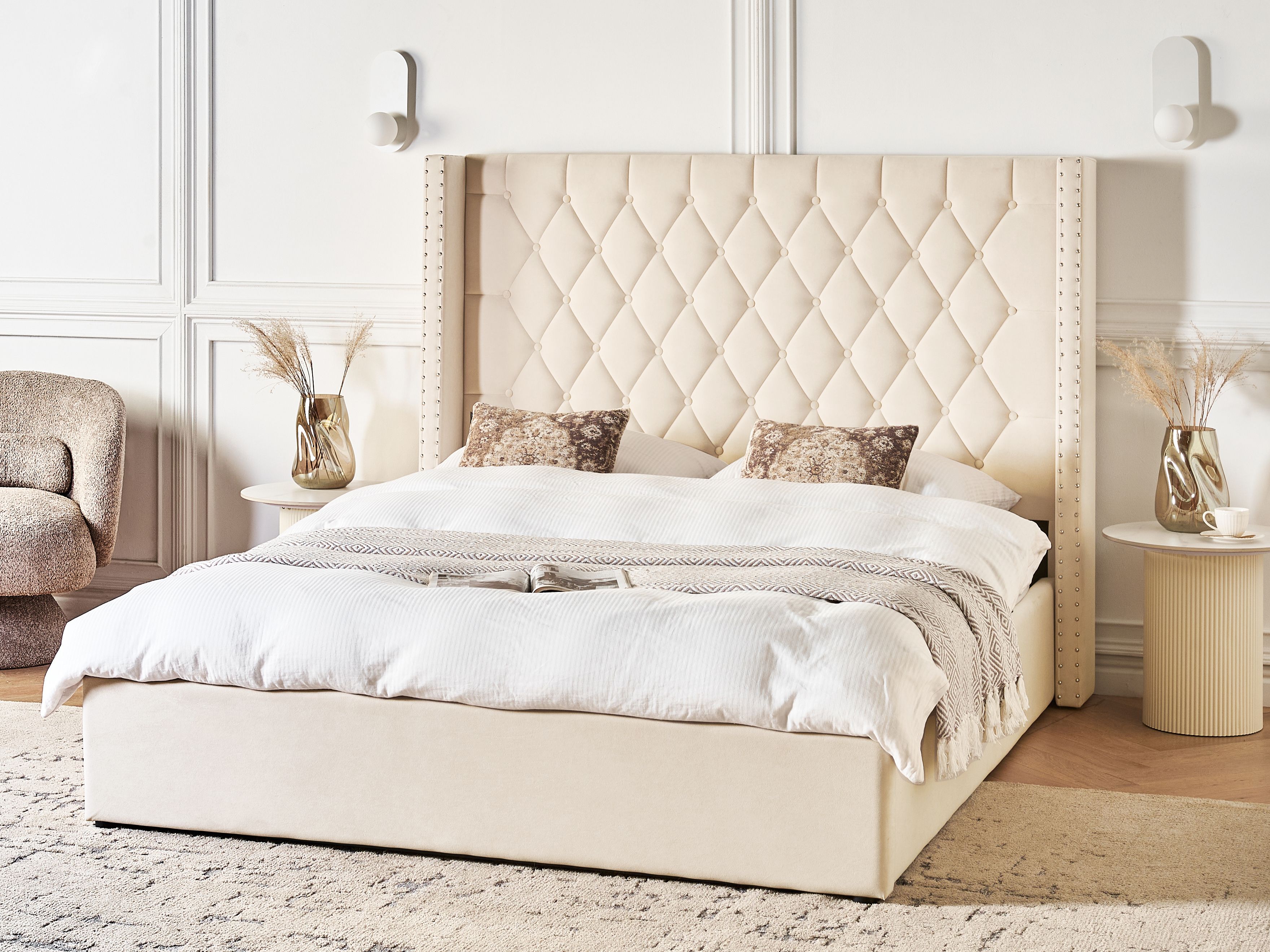 Ottoman Bed Velvet LUBBON 160 x 200 cm (EU King Size) Off-White