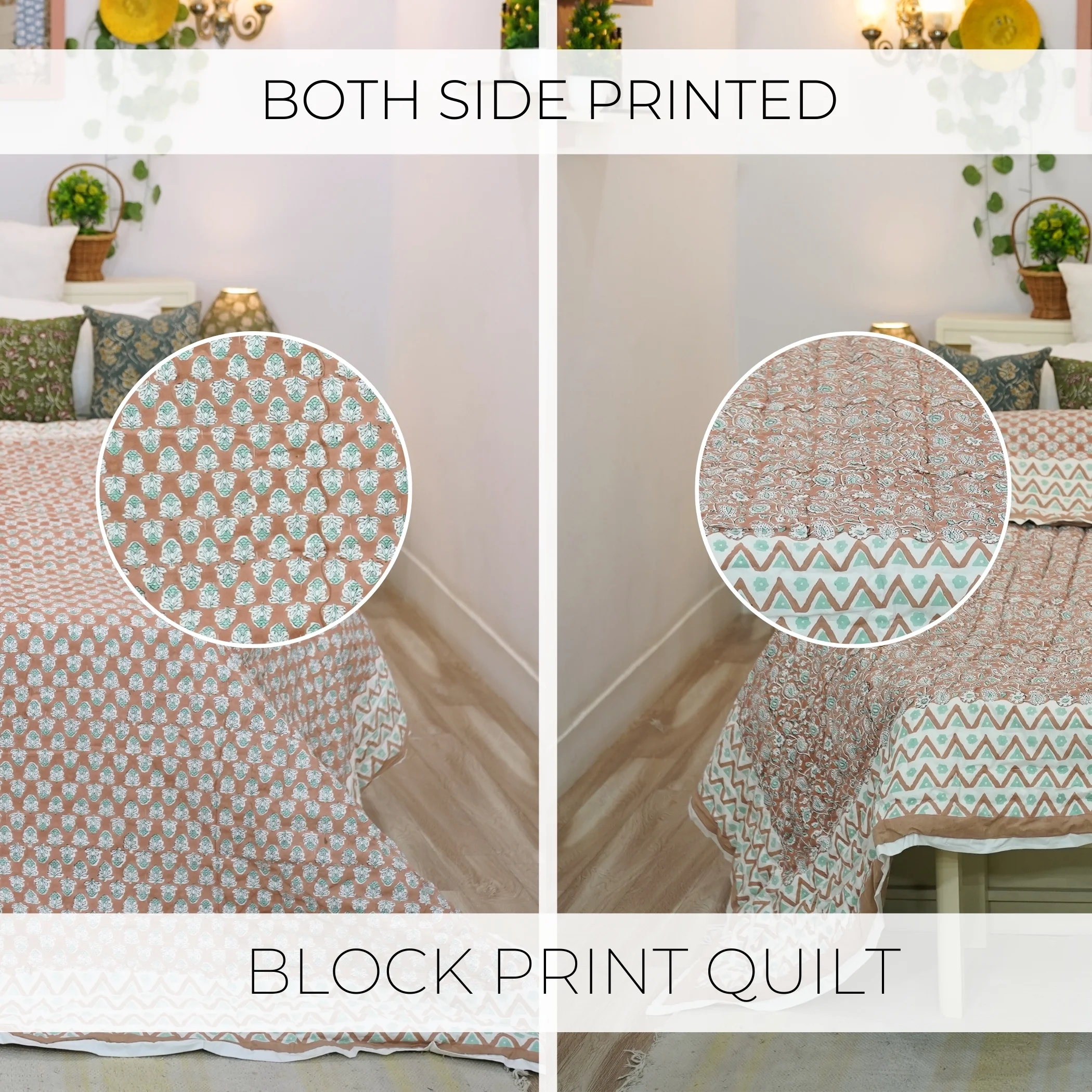 Handmade quilt, block printed floral quilt, boho decorative winter quilt, Indian bedding quilt, throw and blanket for room