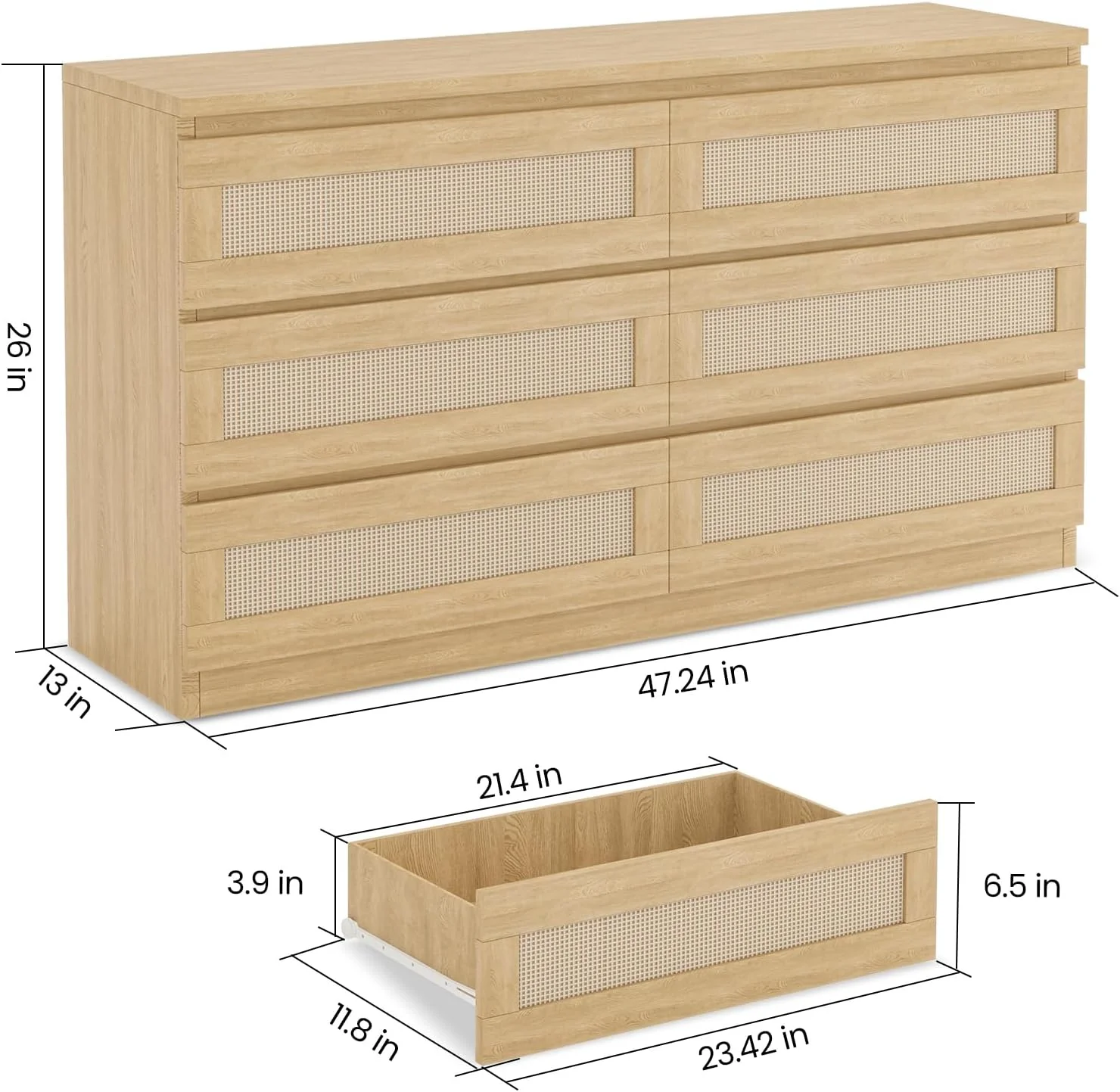 Jojoka 6-Drawers Rattan Dresser for Bedroom Chest of Drawers, TV Stand for 55