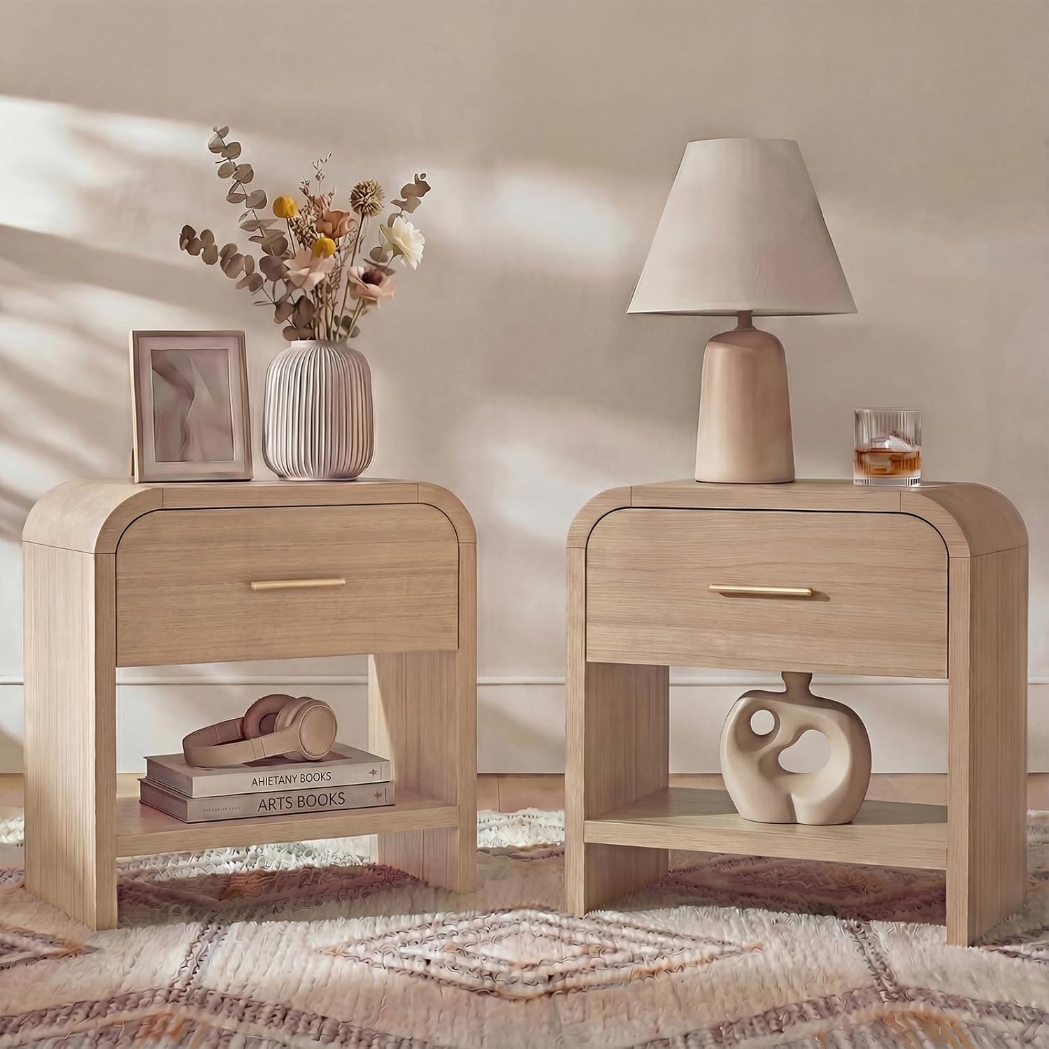 Night Stand Set of 2 [Unique Curved Profile] [FSC-Certified Wooden Board] 1-Drawer and 1 Storage Shelf Nightstand 24
