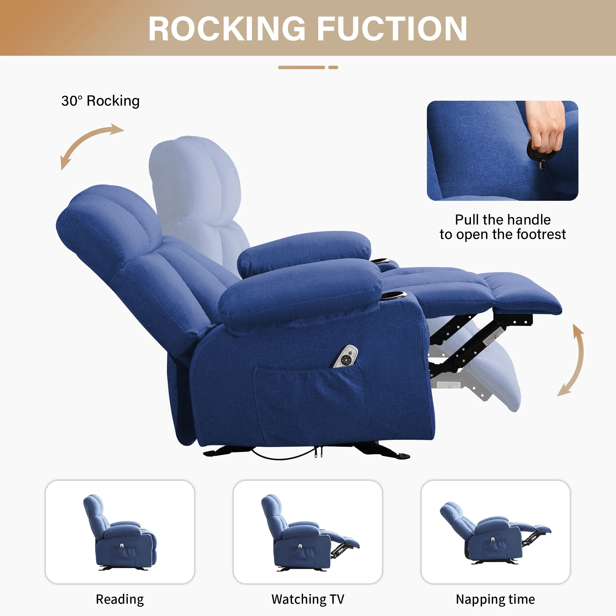 JONPONY Manual Recliner Chair with Heat Therapy and Massage Function, Heavy Duty Reclining Mechanism Massage Chair, Elderly Single Rocker Sofa with Cup Holders for Bedroom Home Theater,Grey - Image 108