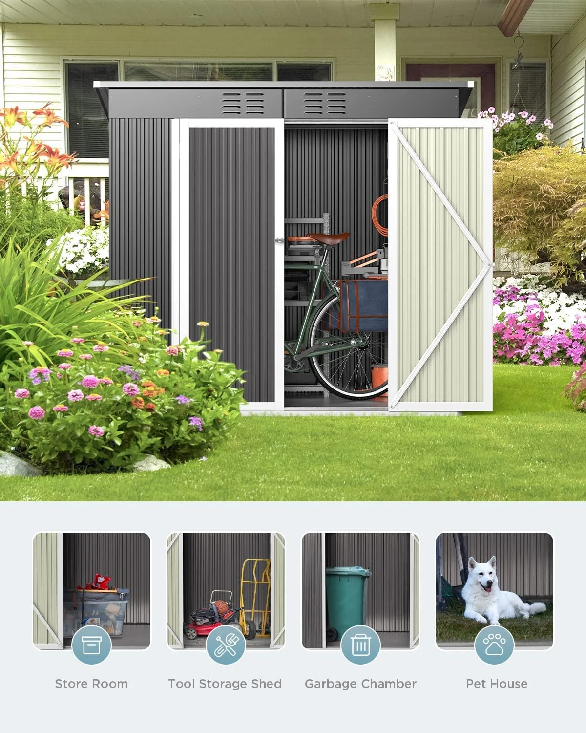 5'x3' Outdoor Storage Shed, Lofka Metal Storage Tool Shed with Single Lockable Door, for Bike| Garden Tools| Patio, Grey - Image 41
