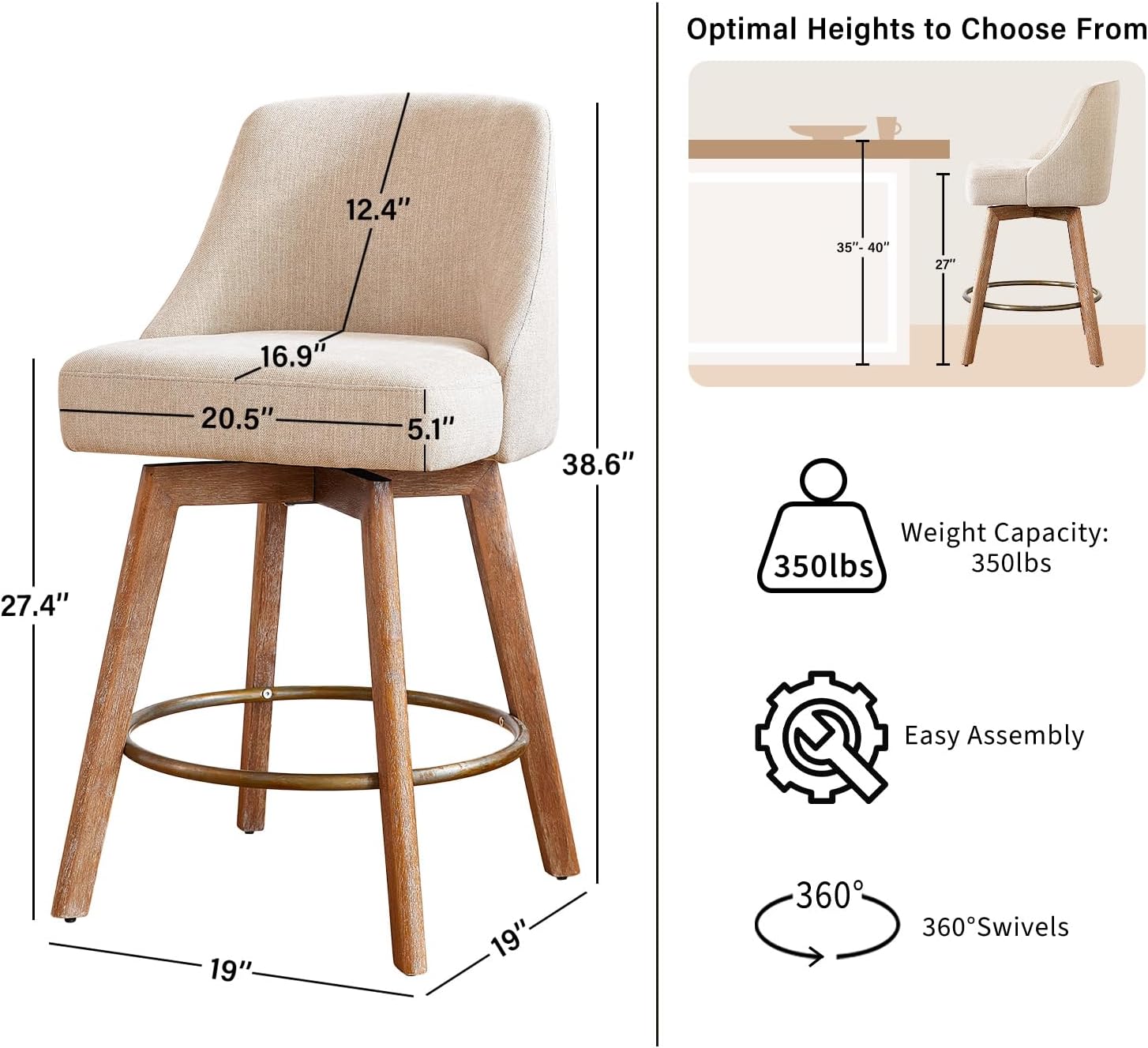 Counter Height Bar Stools,Sand-Colored Linen Comfort Fabric Bar Stool Set of 3，360° Swivel Counter Height Stools Solid Wood Legs,27'' Barstools with Contoured Backrest
