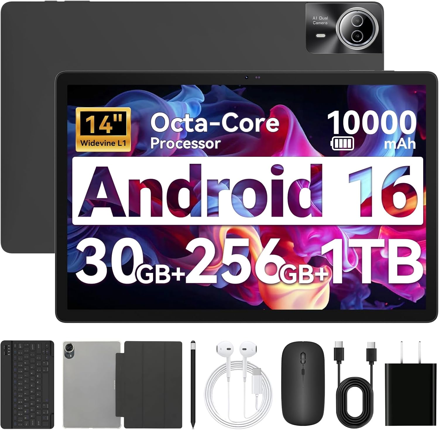 Tablet｜14 inch Android 16 Tablet｜30GB RAM 256GB ROM｜1920 * 1200 IPS FHD｜10000mAh 30W Fast Charging｜Octa-core Processor｜Wi-Fi 6  BT 5.4｜Dual Camera with Keyboard｜Mouse｜Stylus｜Case｜Headphone